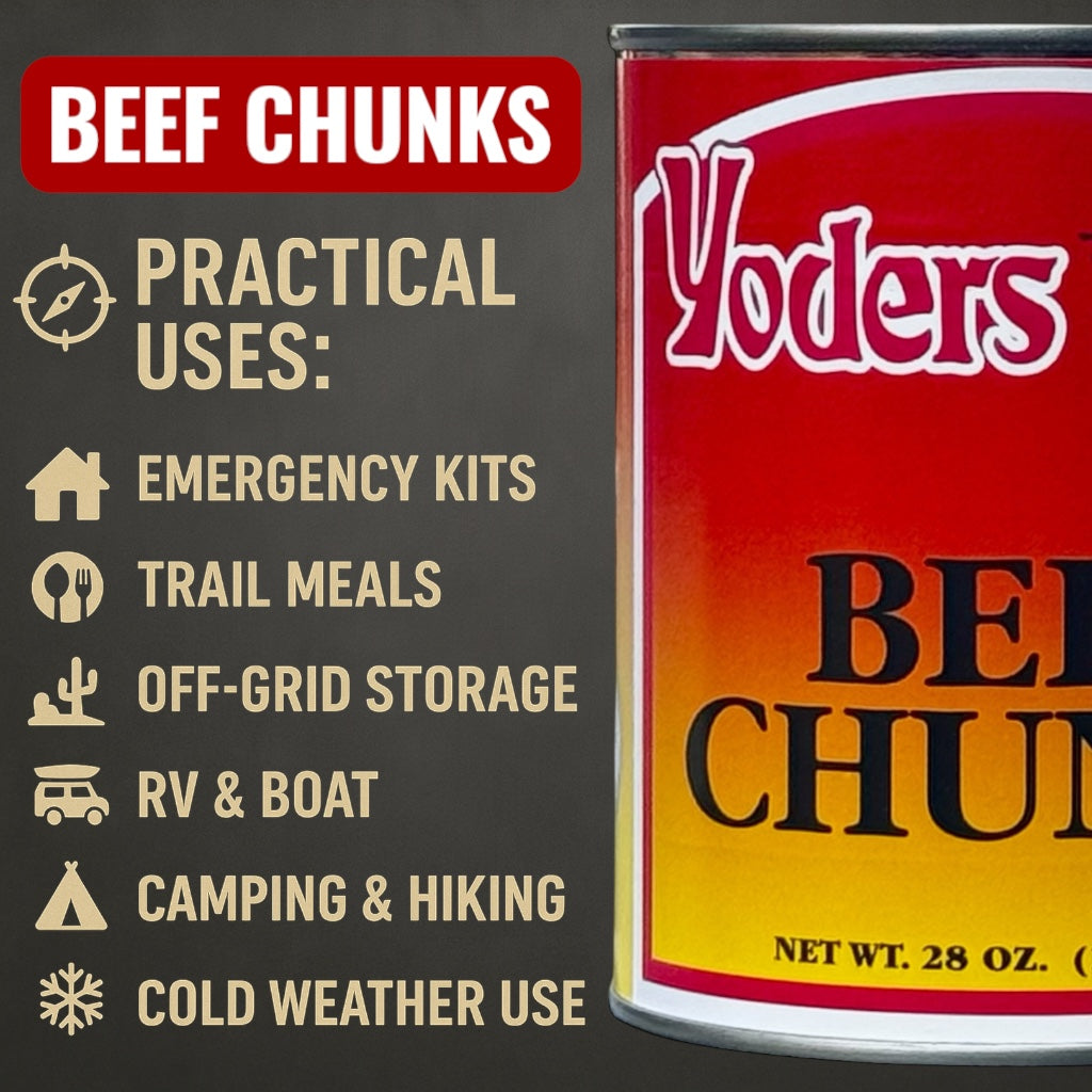 Yoder’s Canned Beef Chunks | 28 oz can | Real USA Beef | Fully Cooked | Shelf Stable Survival Food | 10+ Year Shelf Life | Ready to Eat | Ideal for Prepping, Storage & Camping