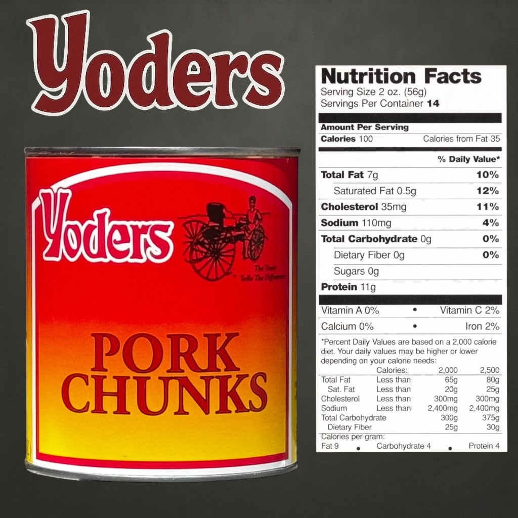 Yoder’s Canned Pork Chunks | 28 oz can | Real USA Pork | Fully Cooked | Shelf Stable Survival Food | 10+ Year Shelf Life | Ready to Eat | Ideal for Prepping, Storage & Camping