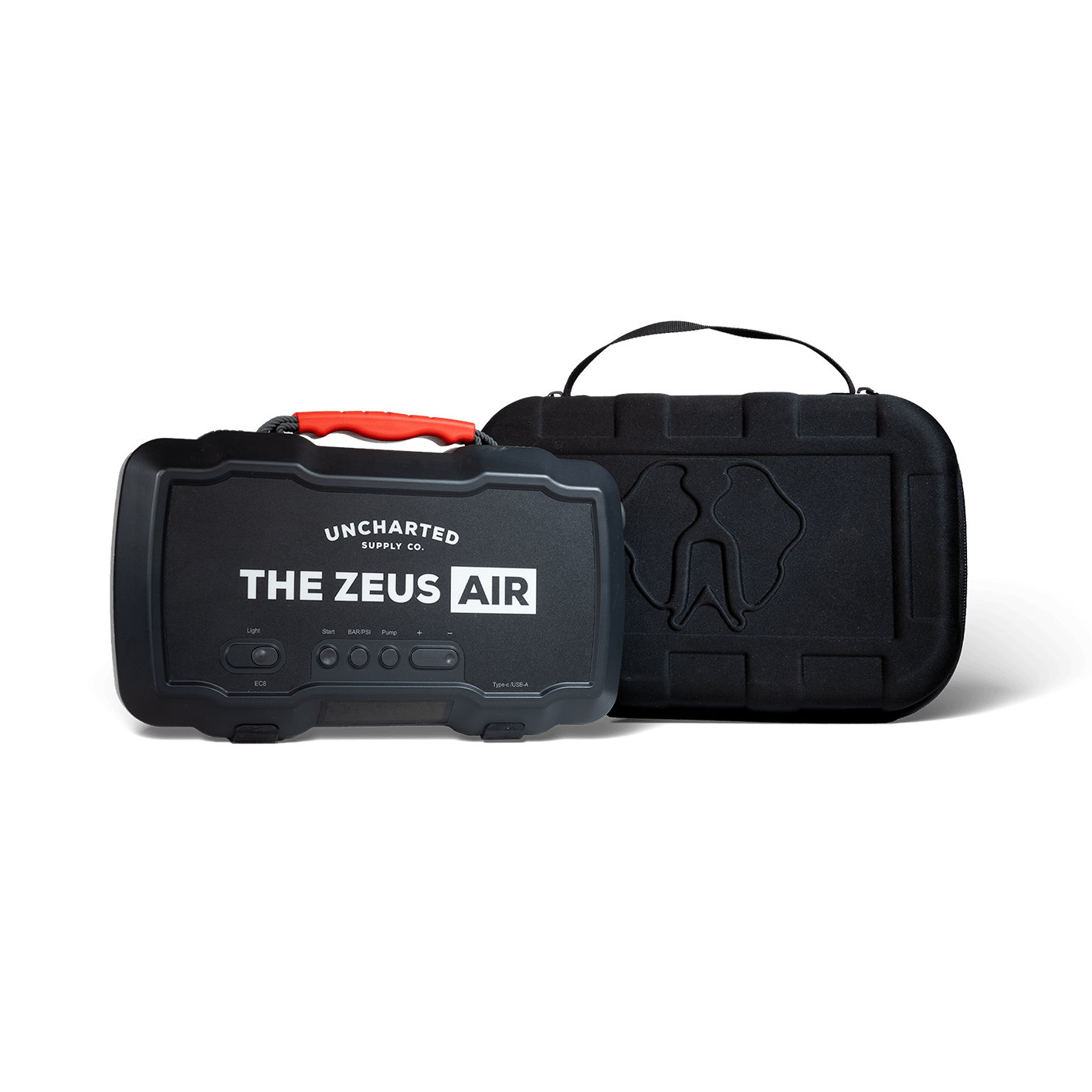 Compact Zeus Air Jump Starter and 150 PSI inflator with USB ports and LED light in rugged case