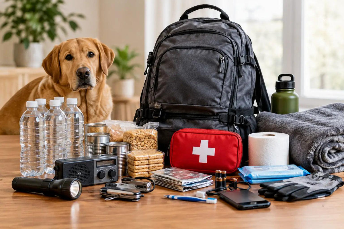 Emergency go bag setup, My Go Bag in an Emergency, with a black backpack, red first-aid pouch, water, food, radio, flashlight and dog.