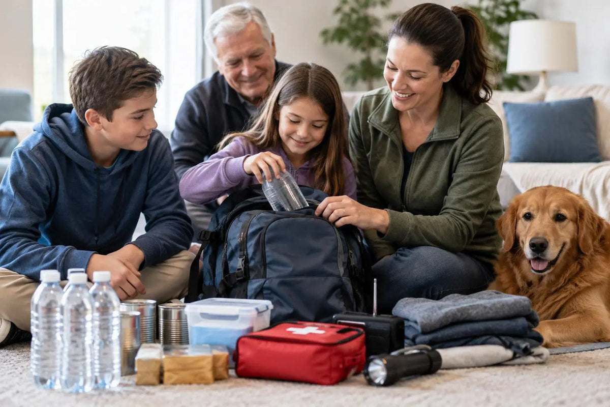 Family emergency preparedness kit with bottled water, canned food, first-aid bag, flashlight, blankets, and children; Kids Emergency Preparedness Without the Fear