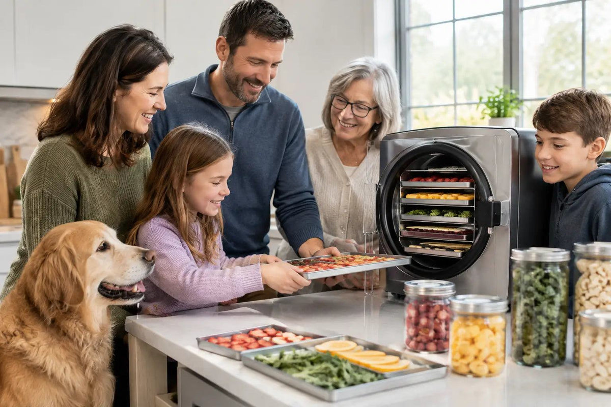 Freeze Dryer at Home showing a family loading colorful sliced fruit and vegetables into a stainless steel countertop machine, with jars of preserved food nearby.