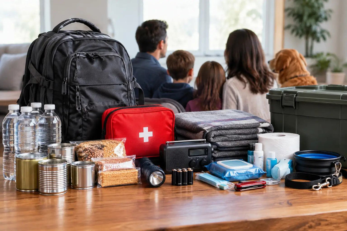 Emergency supplies display with a black backpack, red first aid kit, bottled water, canned food, flashlight, radio and hygiene items; Safe Room Supplies Guide.