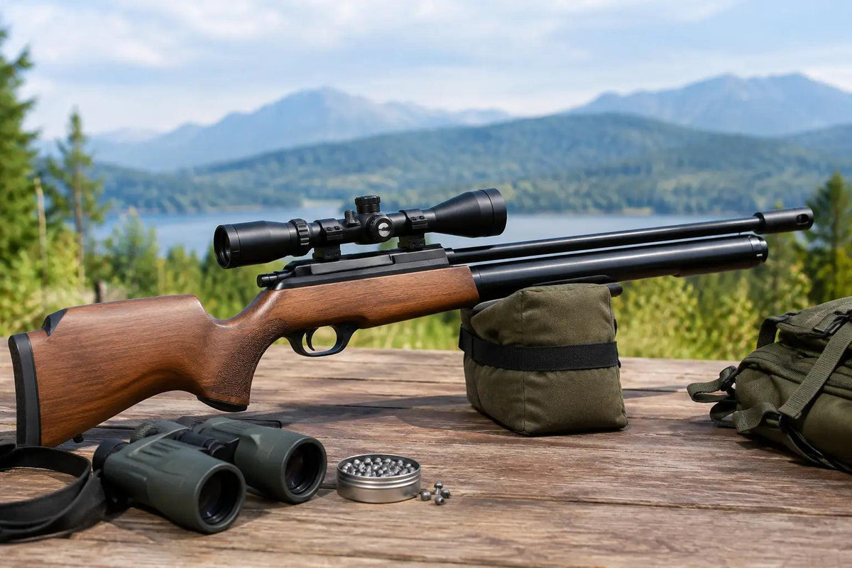 Air rifle with a polished brown wooden stock, black barrel and scope, featured in Is Barra Airgun Any Good review.