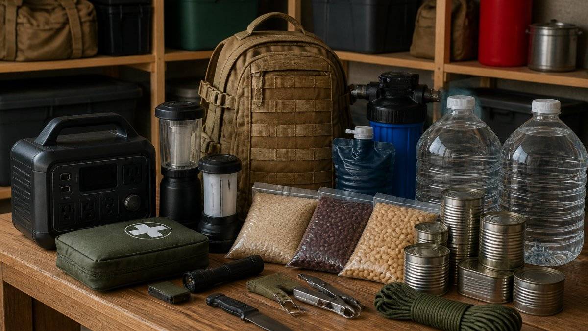 Emergency survival gear collection with a tan tactical backpack, black power station, water bottles, canned food, and olive first aid kit, Best Survival Gear Picks
