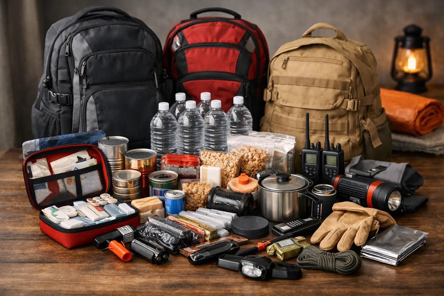 72-hour emergency kit essentials for four people neatly packed in a blue backpack