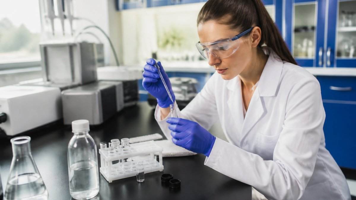 Laboratory scientist in a white coat, gloves and safety glasses uses a pipette beside sample vials; Certified PFAS Water Testing Labs
