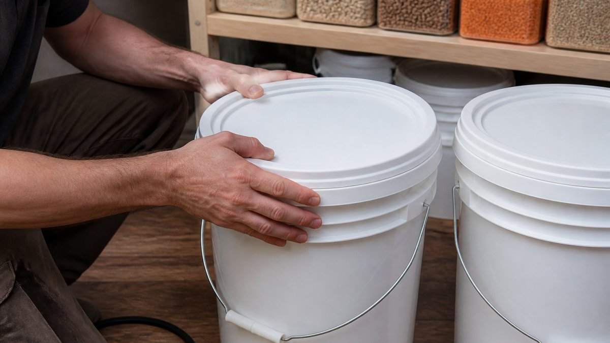 Food-grade plastic buckets with white snap-on lids and wire handles, shown as Seal Food-Grade Buckets in use.