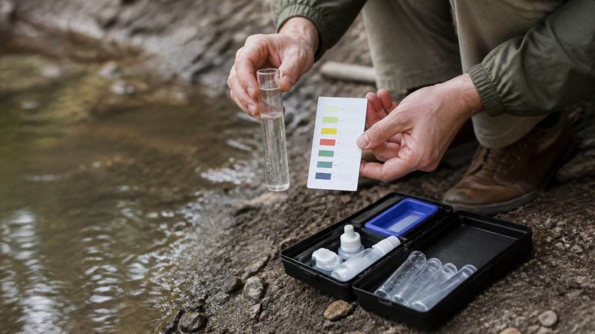 Water testing kit with black case, clear sample vials, reagent bottles, and a color comparison strip beside flowing water; Test Water Quality in Emergencies
