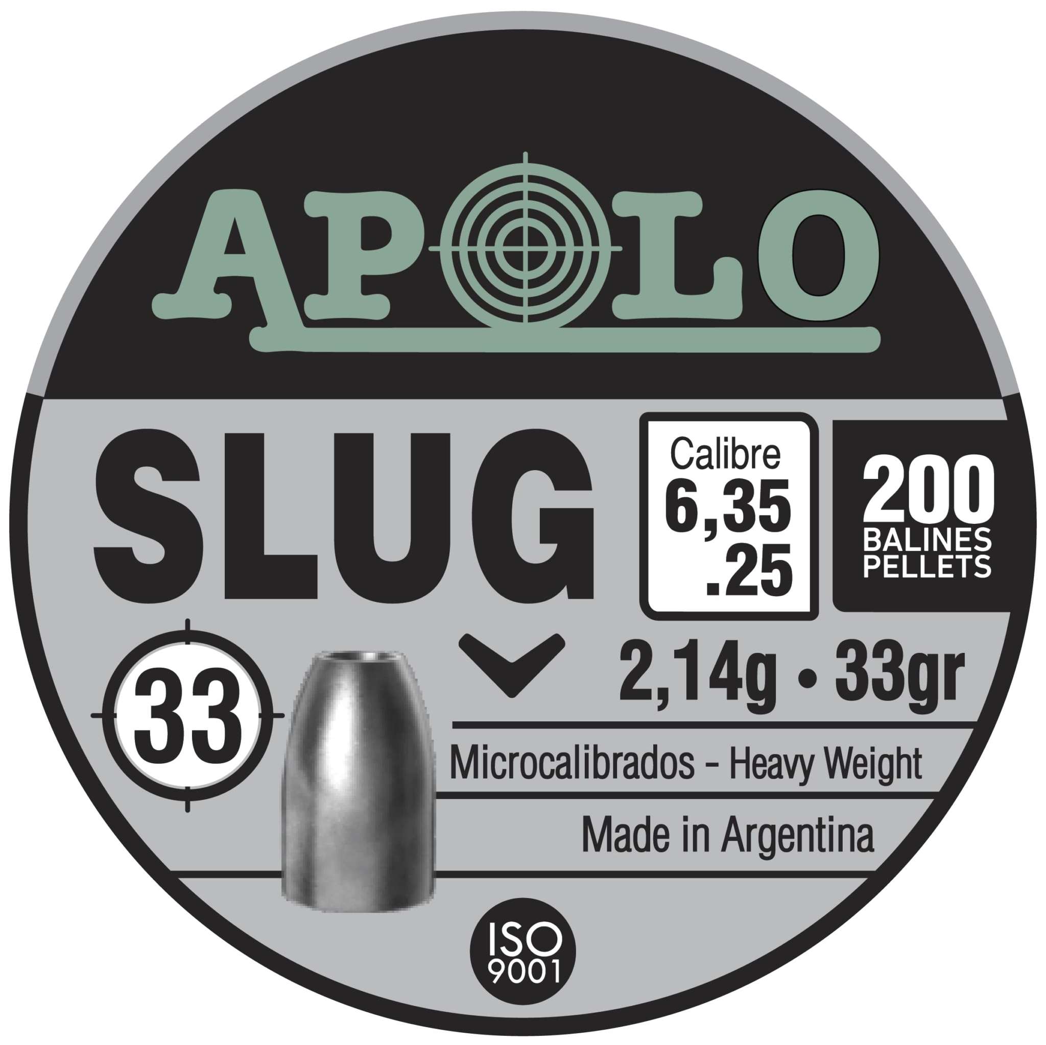 Apolo Slug Airgun Pellets 6.35mm 25 Caliber 33 Grains Silver packaging and pellets