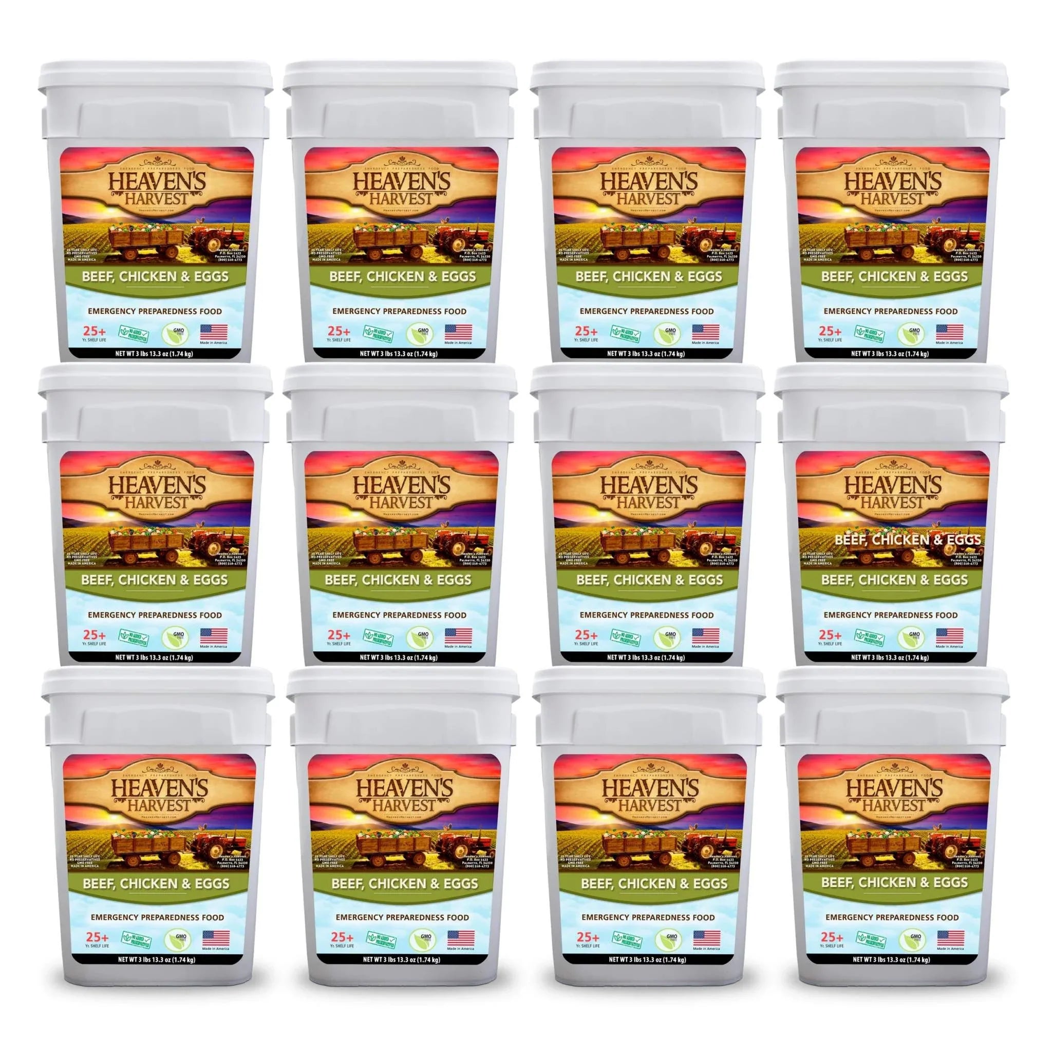 Heaven's Harvest 12 Month Combo Kit with 36 buckets of long-lasting survival food and 3,696 total servings