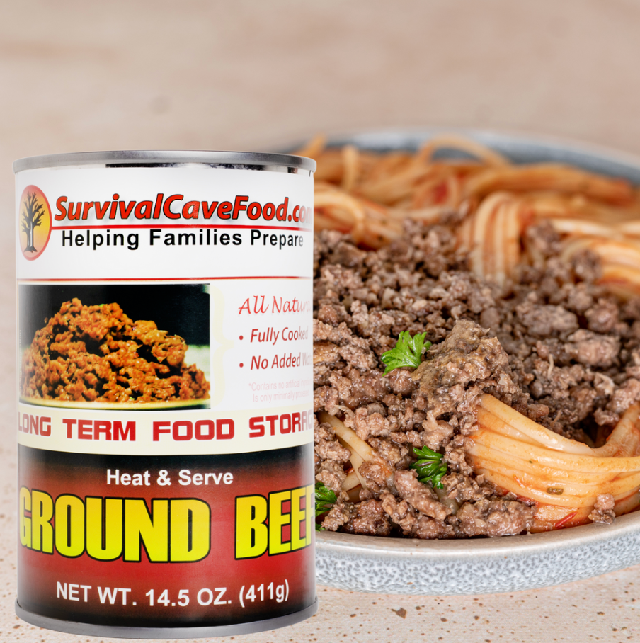 Survival Cave Ground Beef 12 – 14.5 oz Cans – Ready to Eat Canned Meat