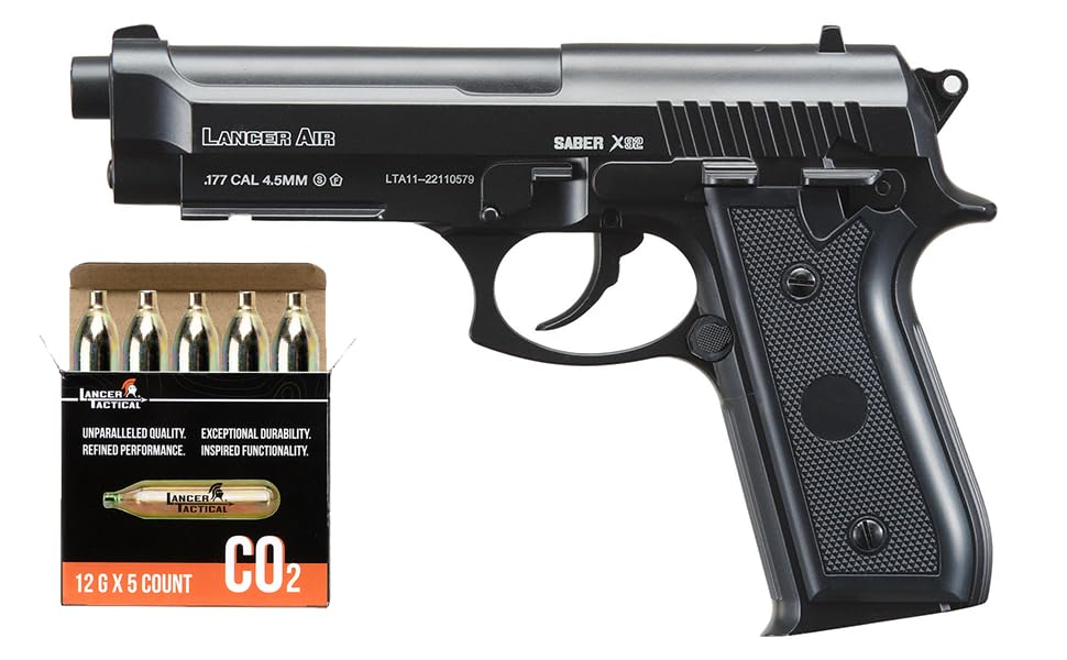 Lancer Tactical Air Pistol Saber Beretta X92 Full Steel CO2 Airgun Pistol w/High Pressure 12 Gram & Bag of Metal BBS (480 FPS)