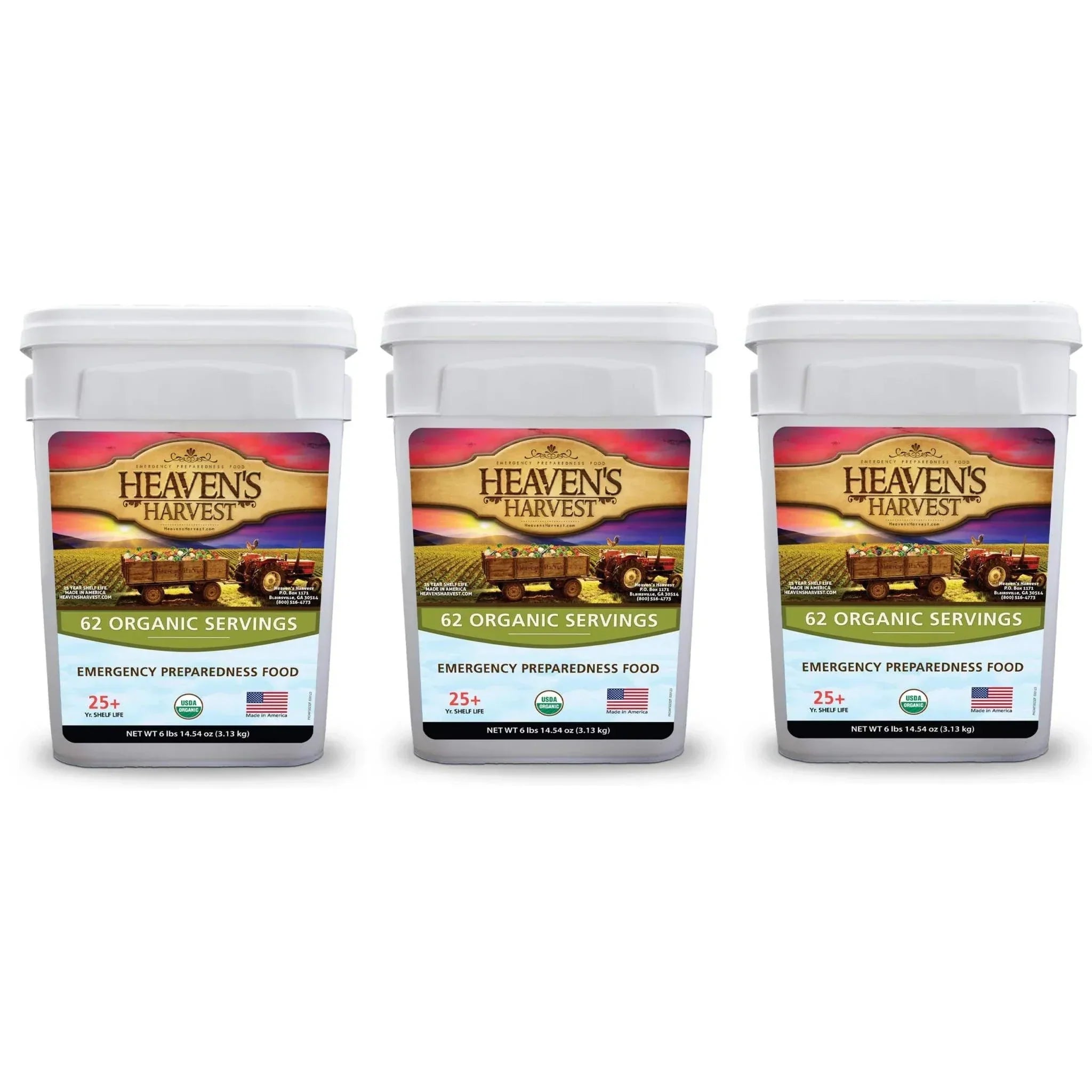 Three 4-gallon buckets of organic freeze-dried survival food with 186 servings and 39,180 calories