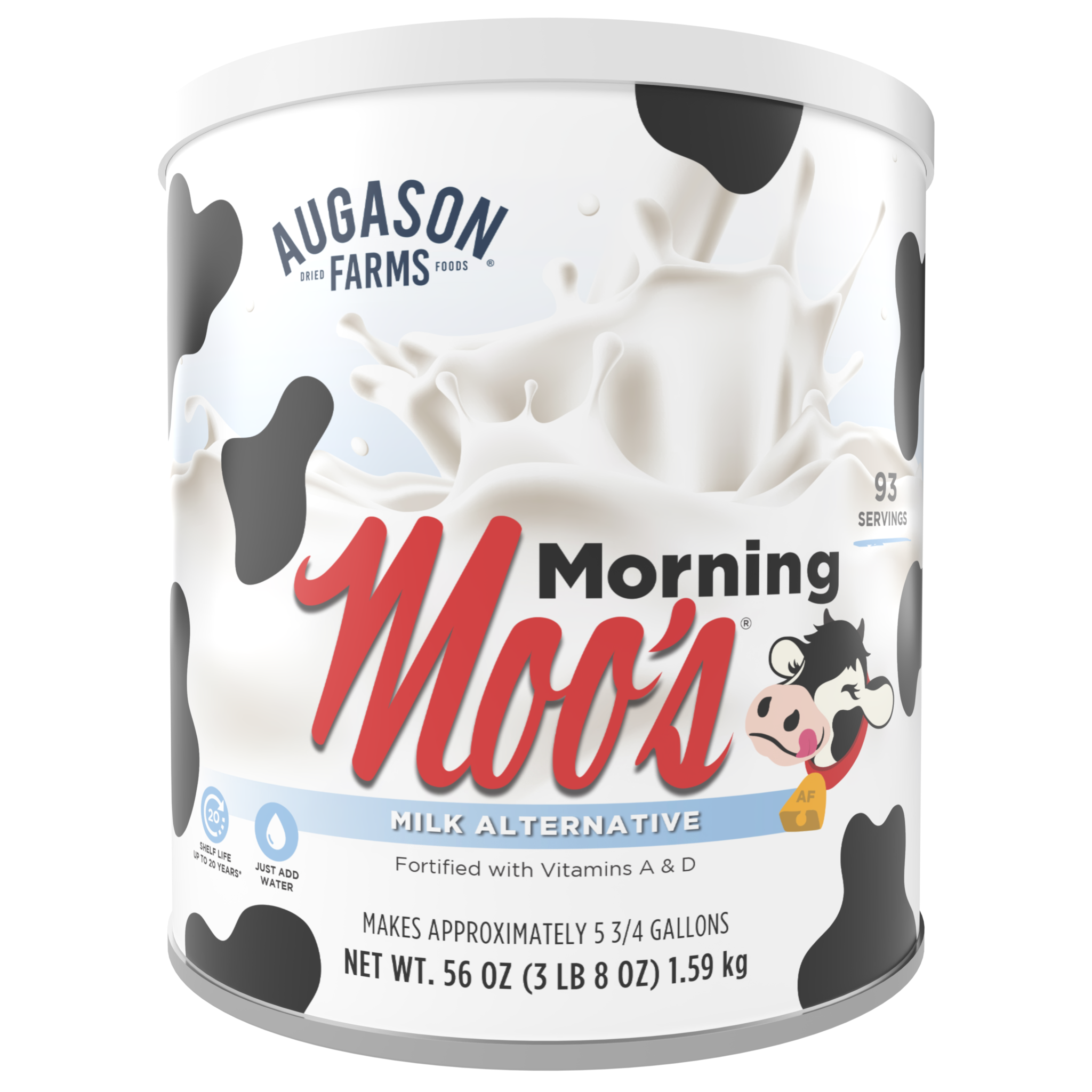 Can of Augason Farms Morning Moo's Milk Alternative with 93 servings and vitamin fortification