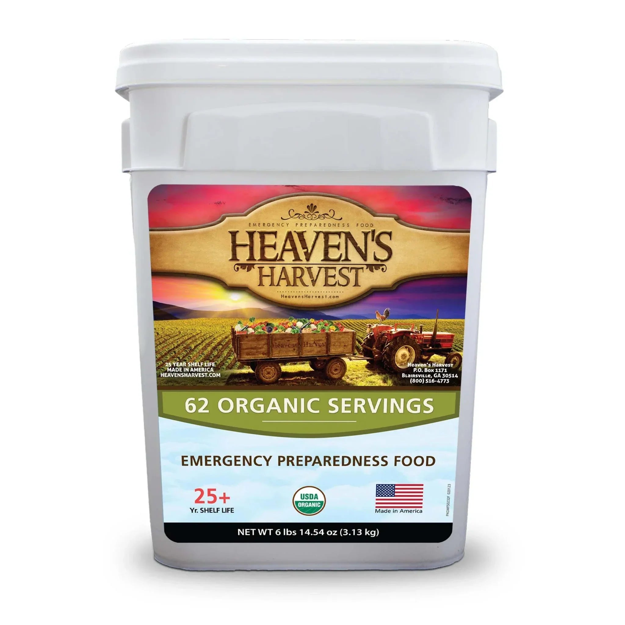 Organic freeze-dried emergency food kit with 62 servings in a 4-gallon bucket for long-term survival and camping.