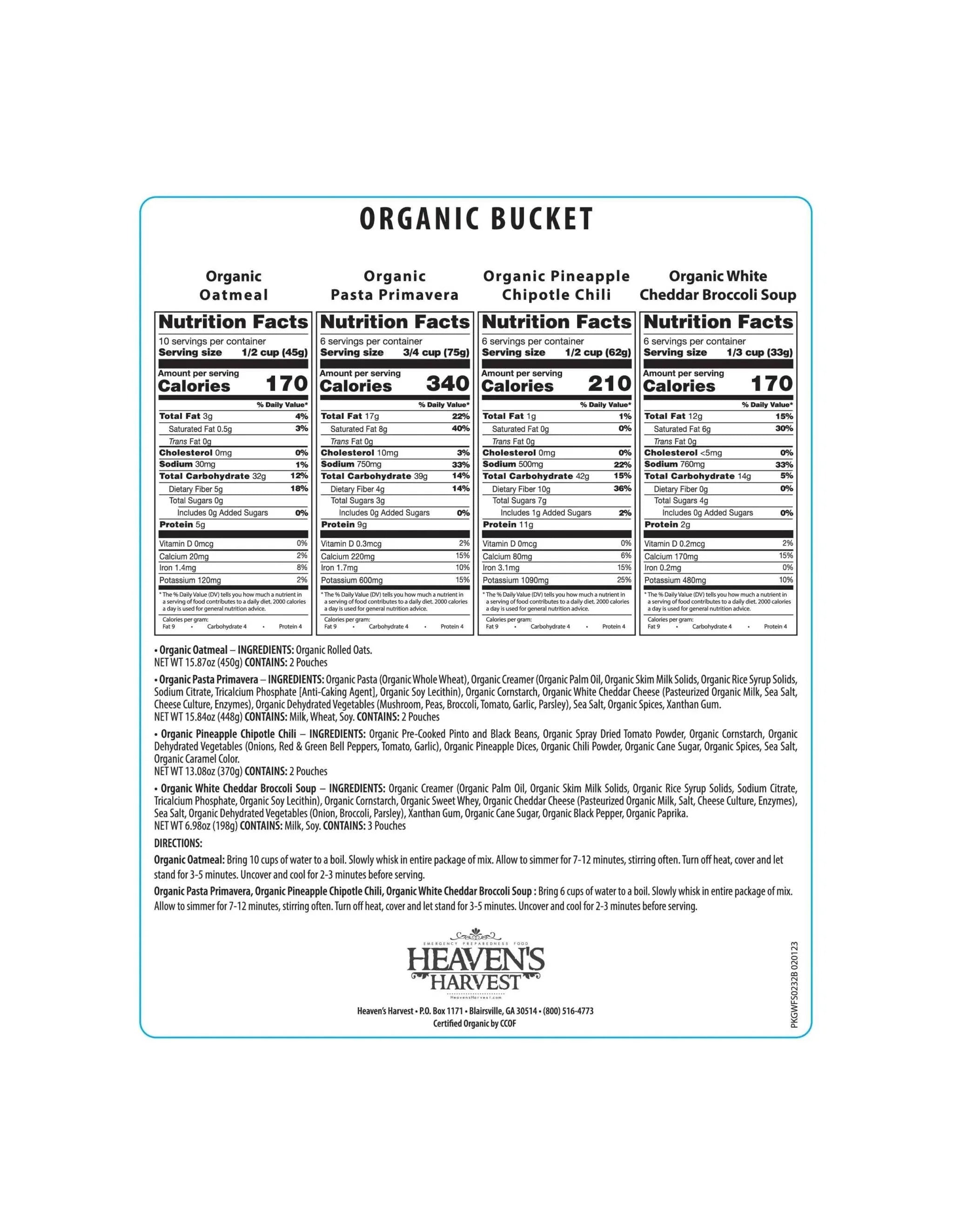 Three 4-gallon buckets containing 186 servings of organic freeze-dried survival food in pouches, labeled as a 3 Pack Organic Kit