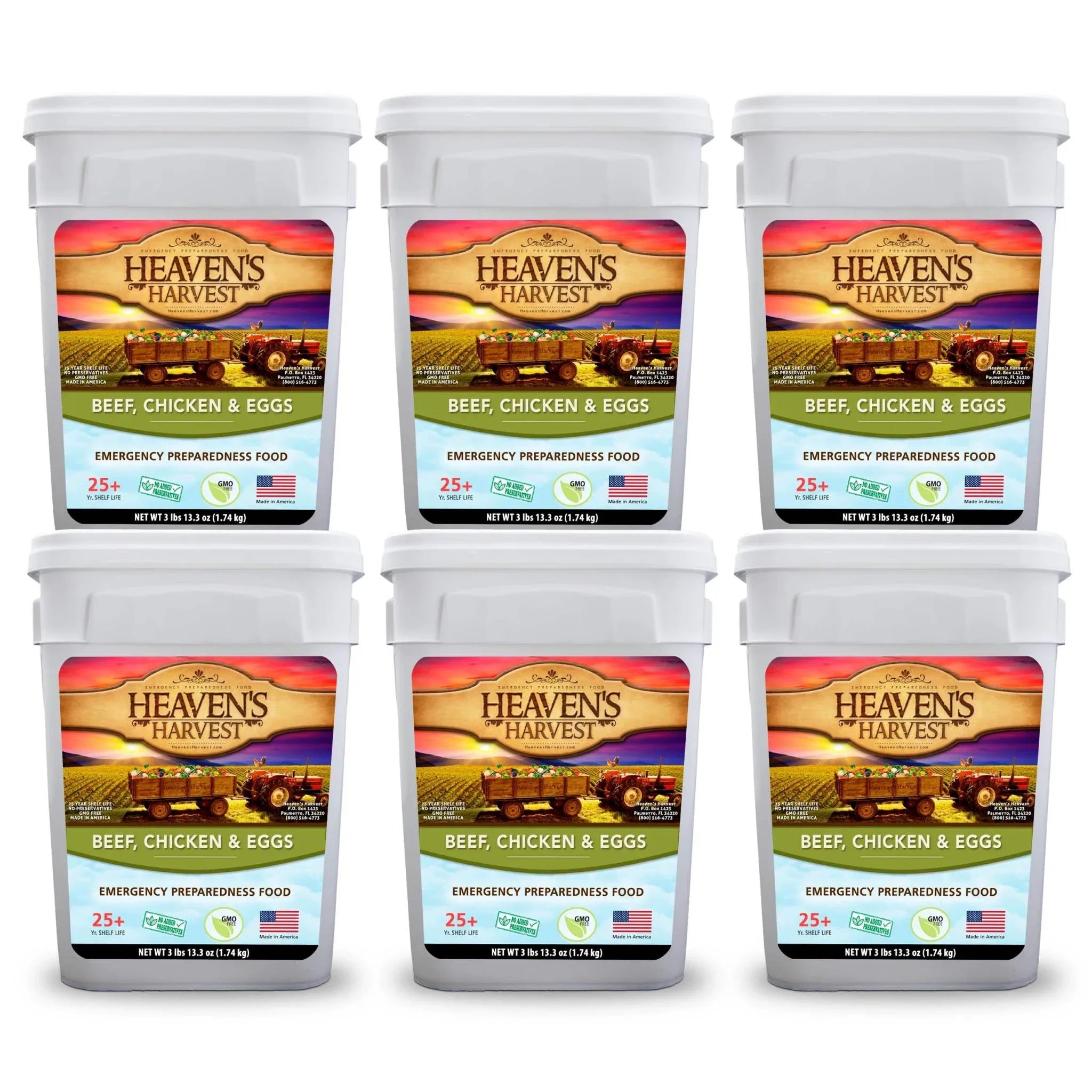 Heaven's Harvest 6 Month Combo Kit for emergency food storage with 18 stackable buckets of vacuum-sealed meals and proteins