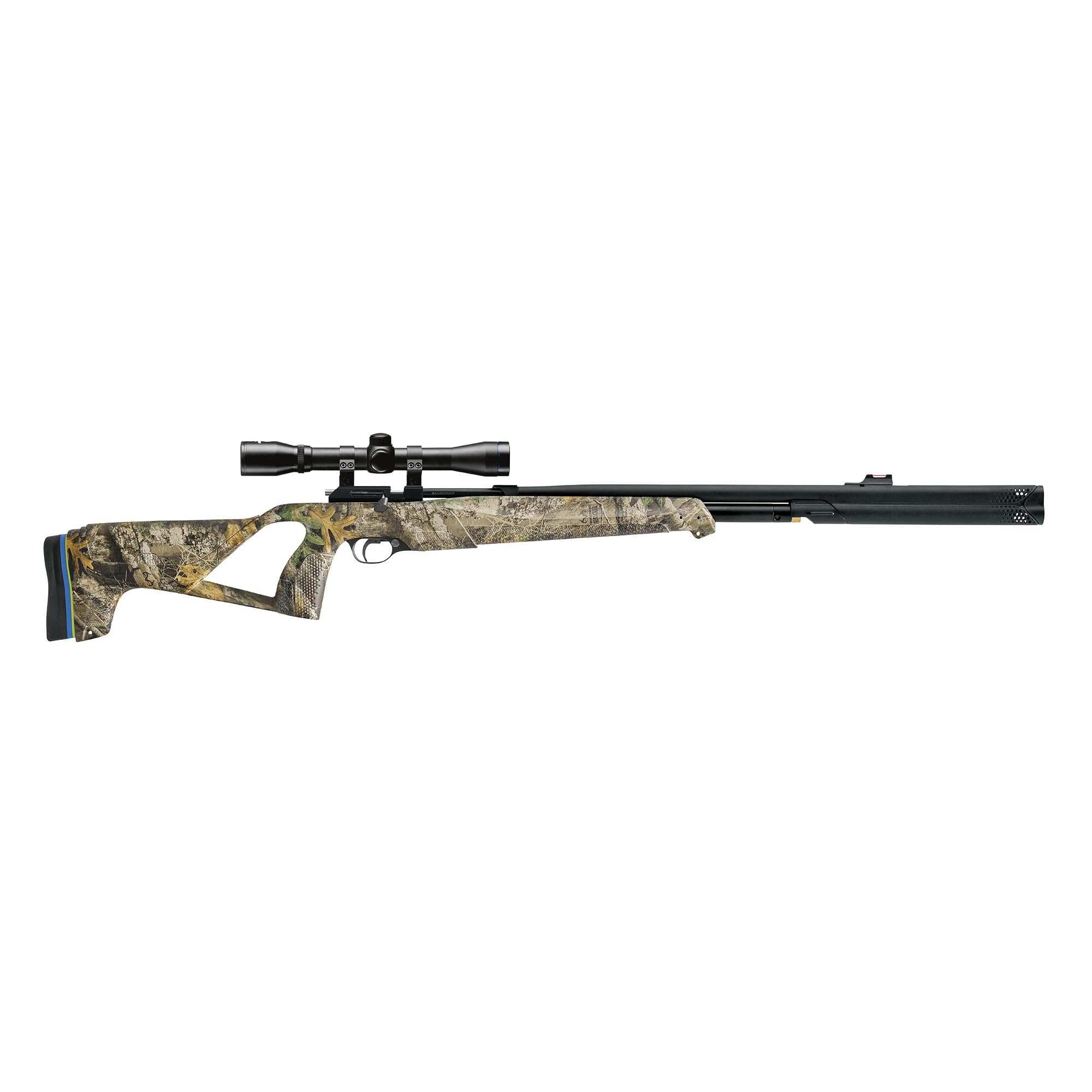 Stoeger XM1 .22 caliber air rifle with Realtree Edge stock and 4x32 scope on a white background