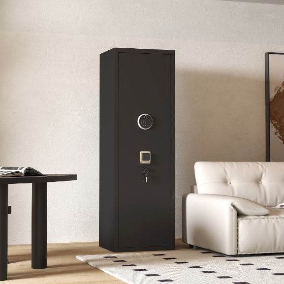 Large black metal biometric gun safe with adjustable stand and three pistol pouches for secure firearm storage