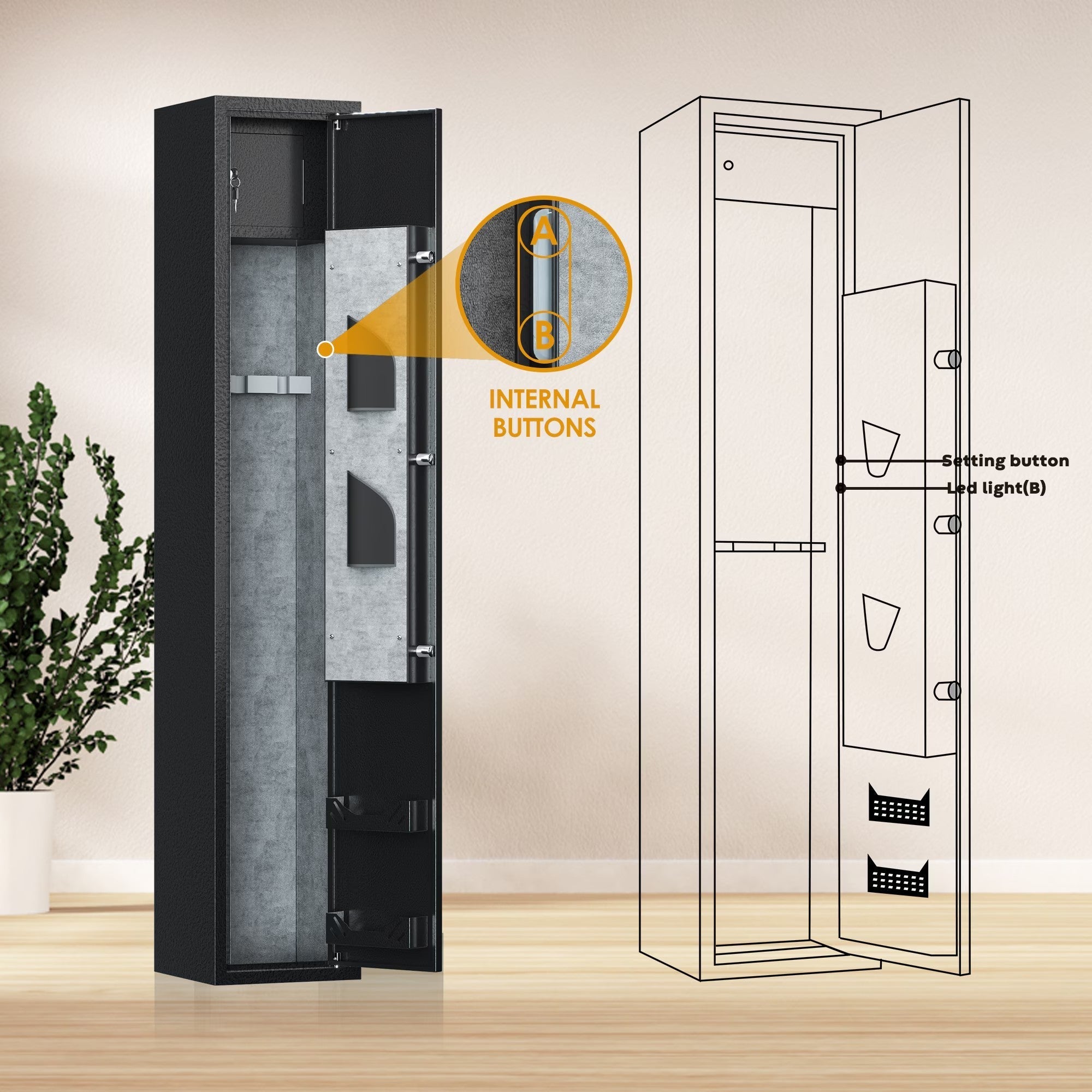 Home Rifle And Pistols Gun Safe With LED Light & Alarm System,Biometric Fingerprint Rifle Safe,Quick Access 1-3 Rifle And 2 Pistol,Long Gun Cabinet With Removable Shelf,Built-in Small Cabinet