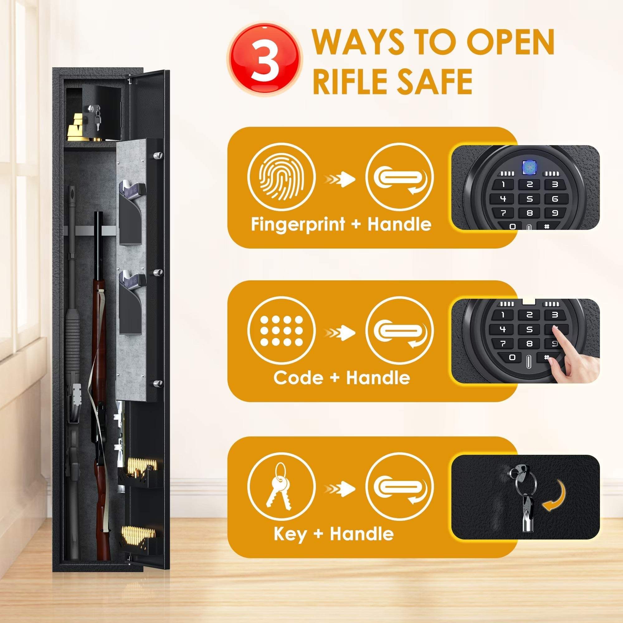 Biometric Rifle & Pistol Safe with LED Light and Alarm