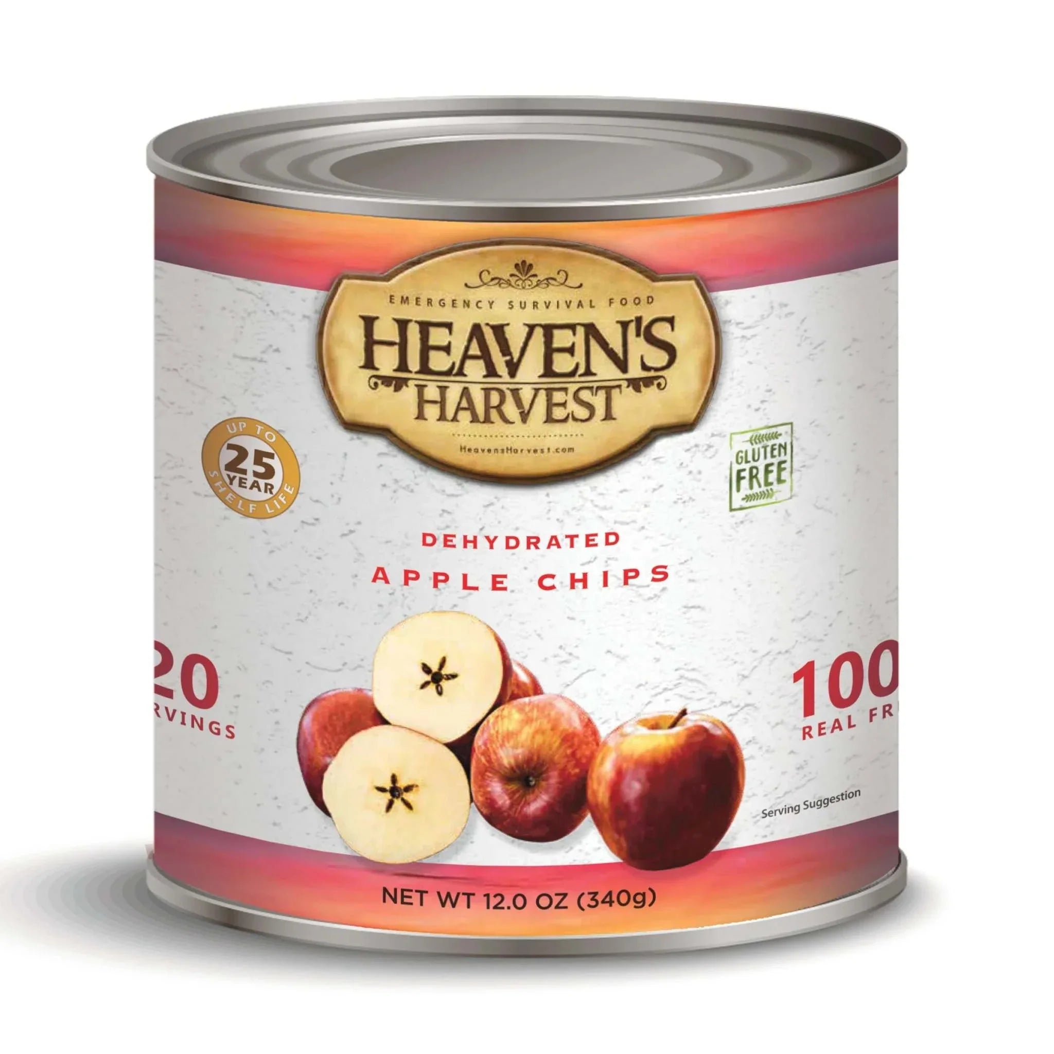 Dehydrated apple chips in a #10 can with 25-year shelf life and gluten-free label