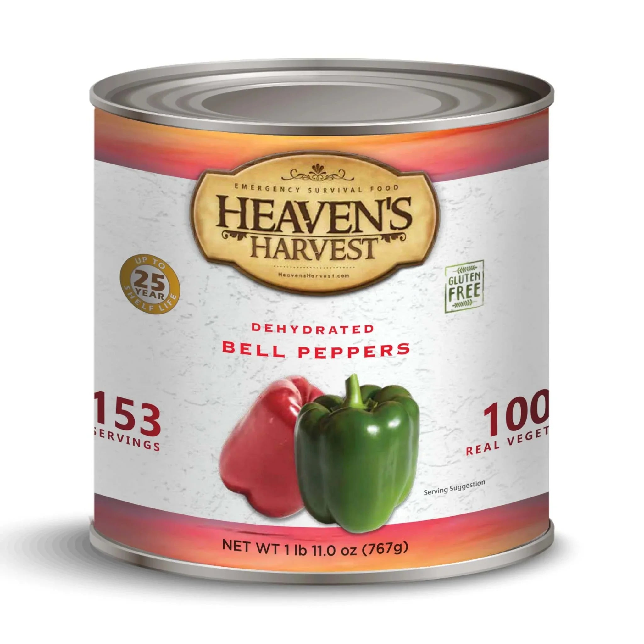 Dehydrated red and green bell peppers in a #10 can for long-term storage