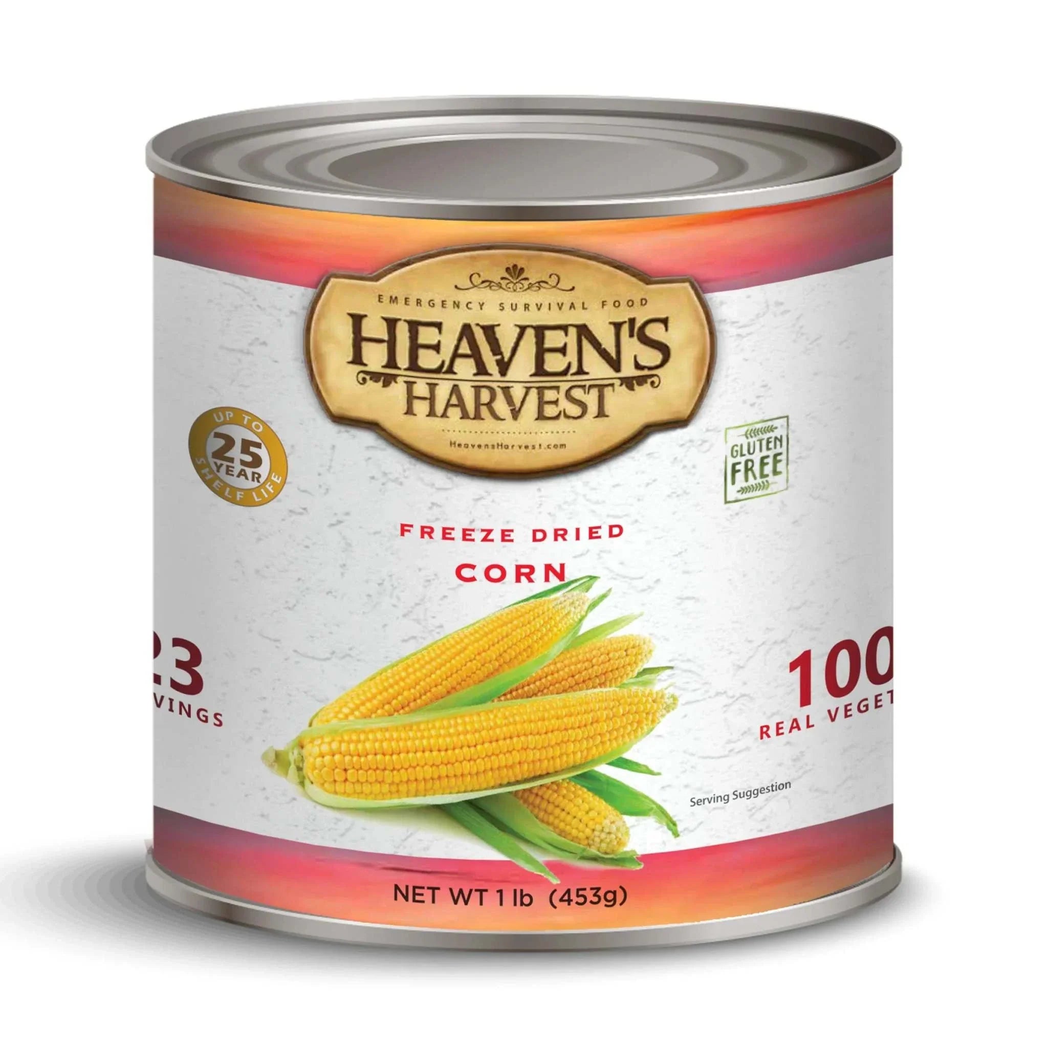 Freeze-dried corn in a #10 can with 23 servings, long shelf life, no added sugar, made in the USA.