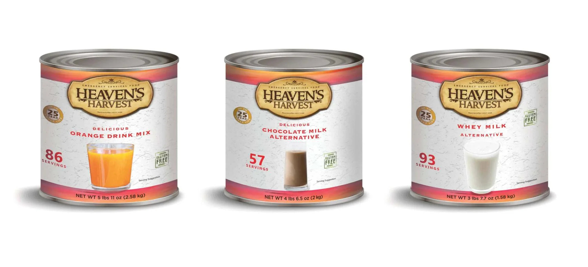 Beverage Bundle 10 cans with whey milk, chocolate, and orange drink servings, 25-year shelf life