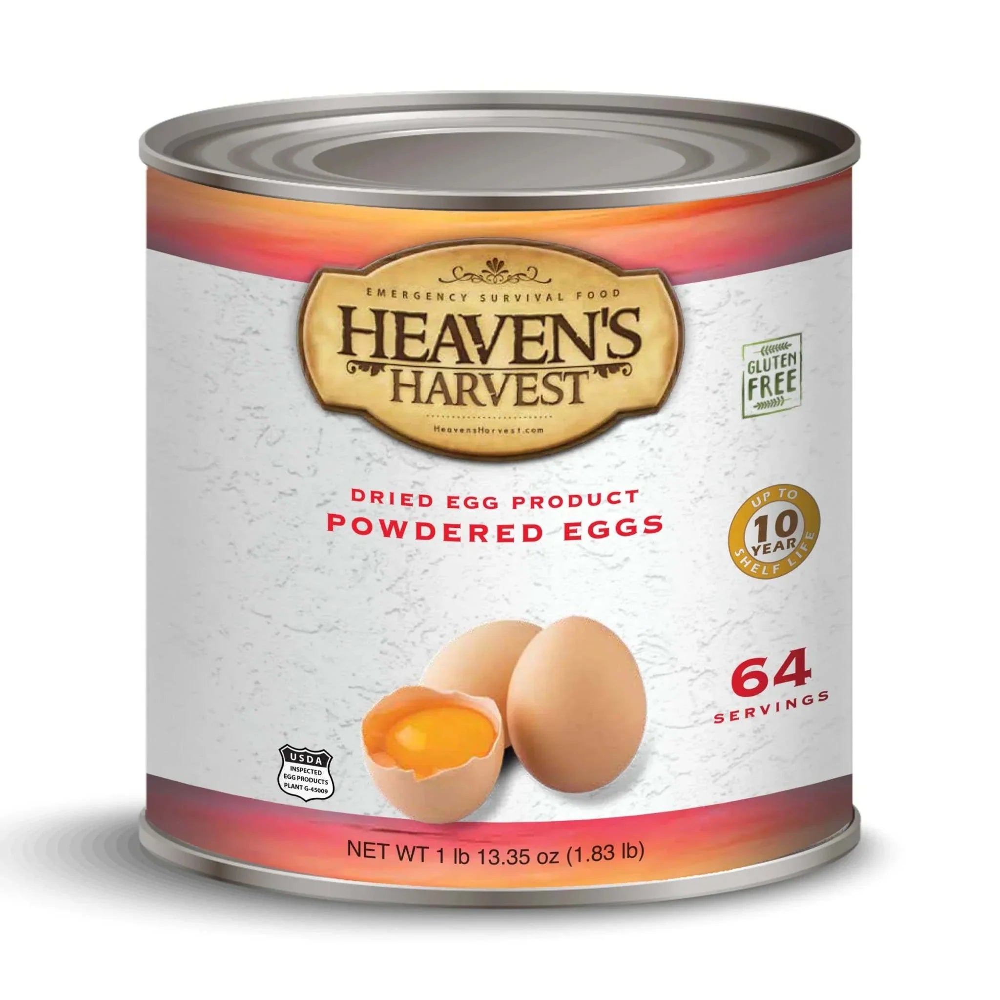 #10 can of freeze-dried powdered eggs with preparation instructions and 64 servings