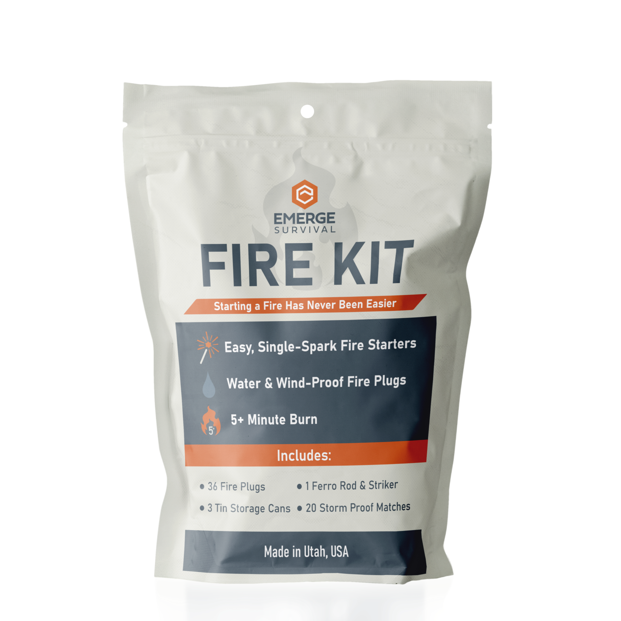 Emerge weatherproof fire-starting kit with stormproof matches, ferro rod, and 36 fire plugs in a resealable bag