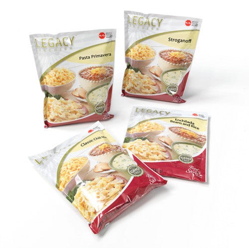 Legacy Premium 16 serving family entree sample pack with four savory survival meal pouches