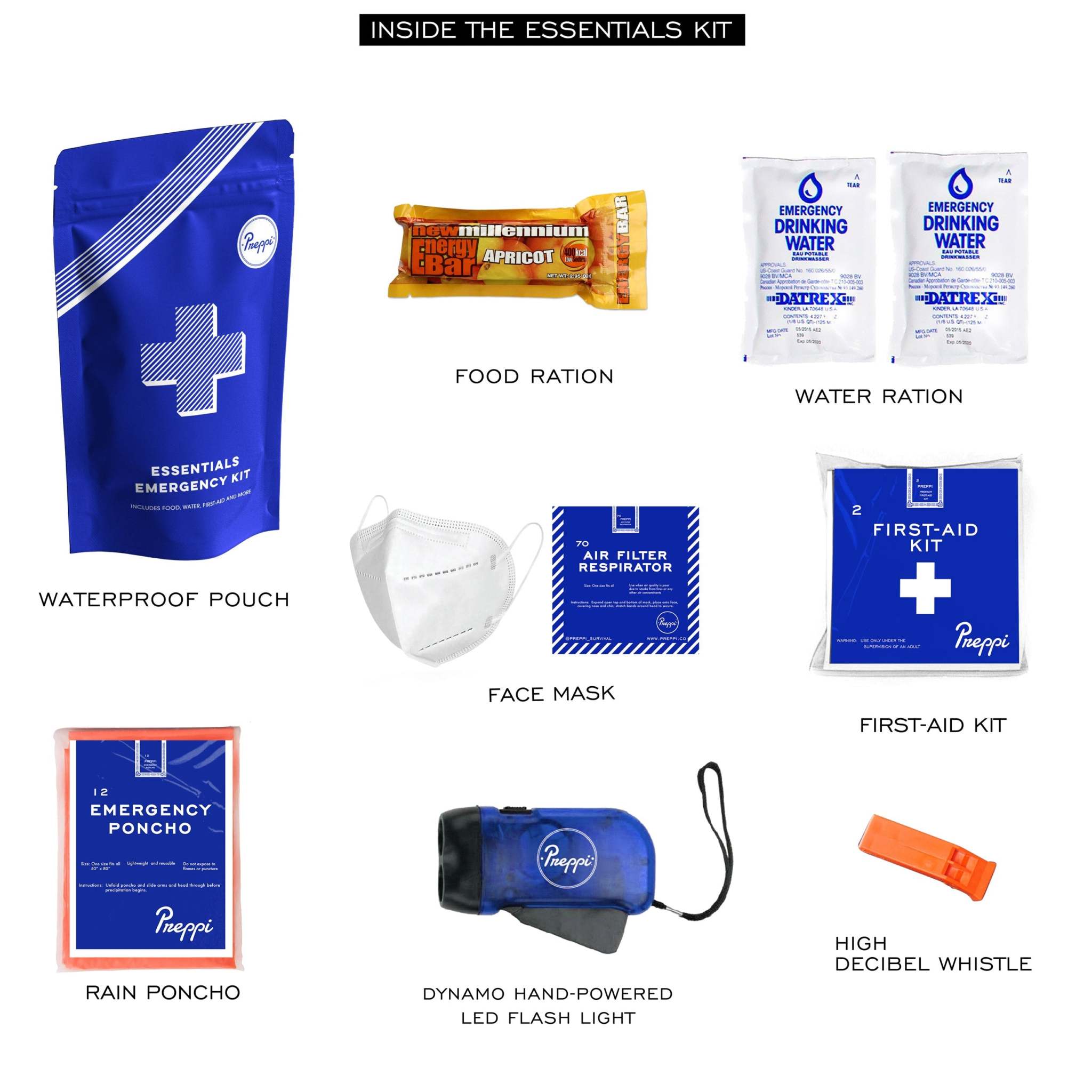 Preppi The Essentials Emergency Kit with first-aid supplies, water, food ration, dynamo flashlight, rain poncho, air respirator mask, and emergency whistle in a compact case