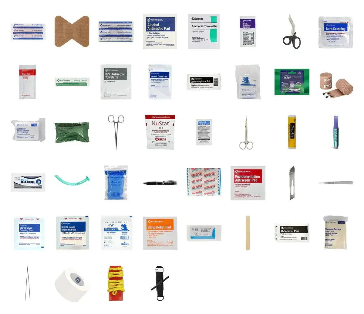 Compact general purpose first aid kit with rip-away design and essential trauma supplies for quick emergency response