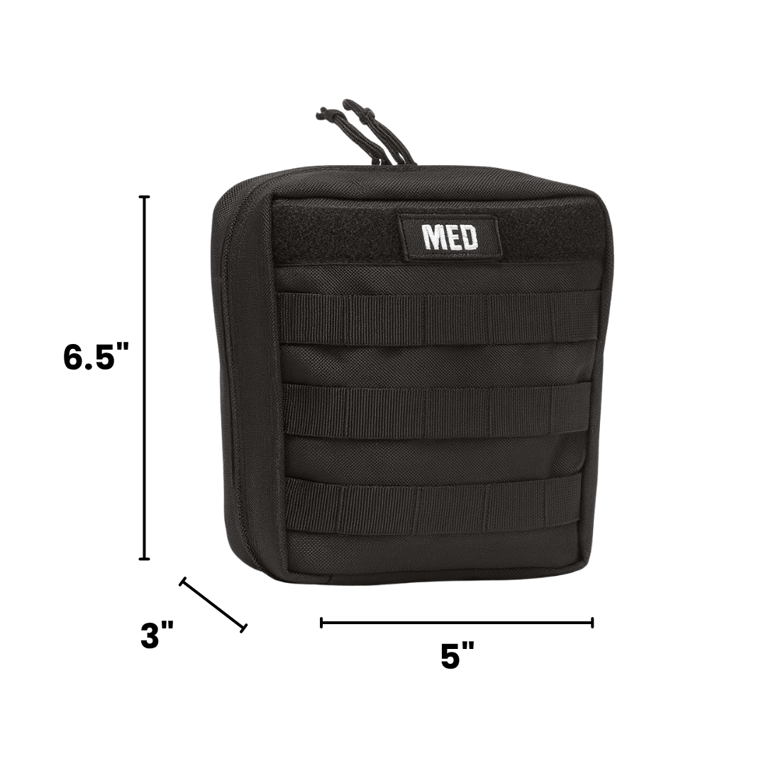 Compact general purpose first aid kit with pressure dressing, burn care, and MOLLE-compatible pouch for vehicle and outdoor use