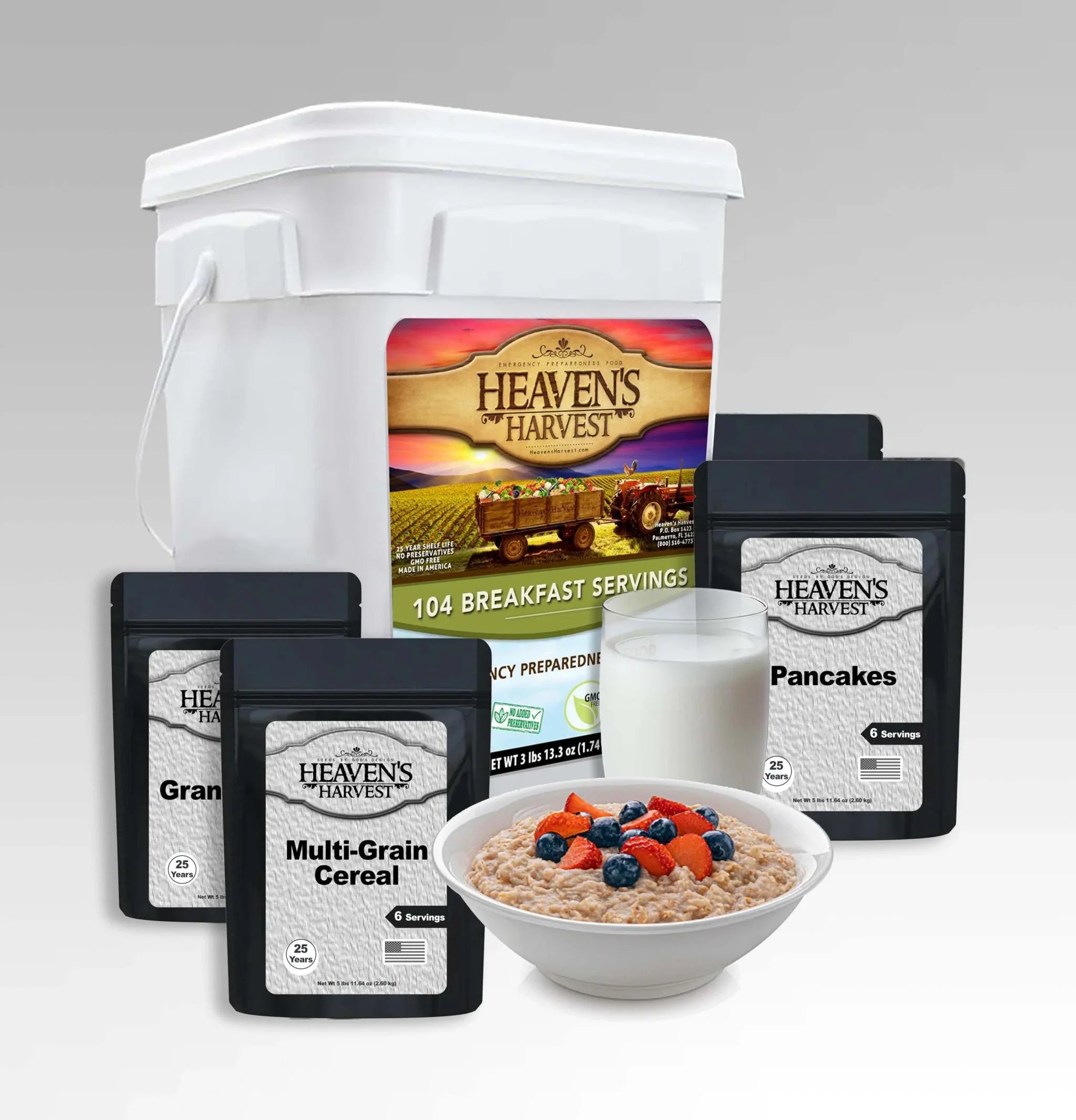 3 Pack Survival Breakfast Kit with multi-grain cereal, granola, oatmeal, pancake mix, and dry milk in stackable buckets