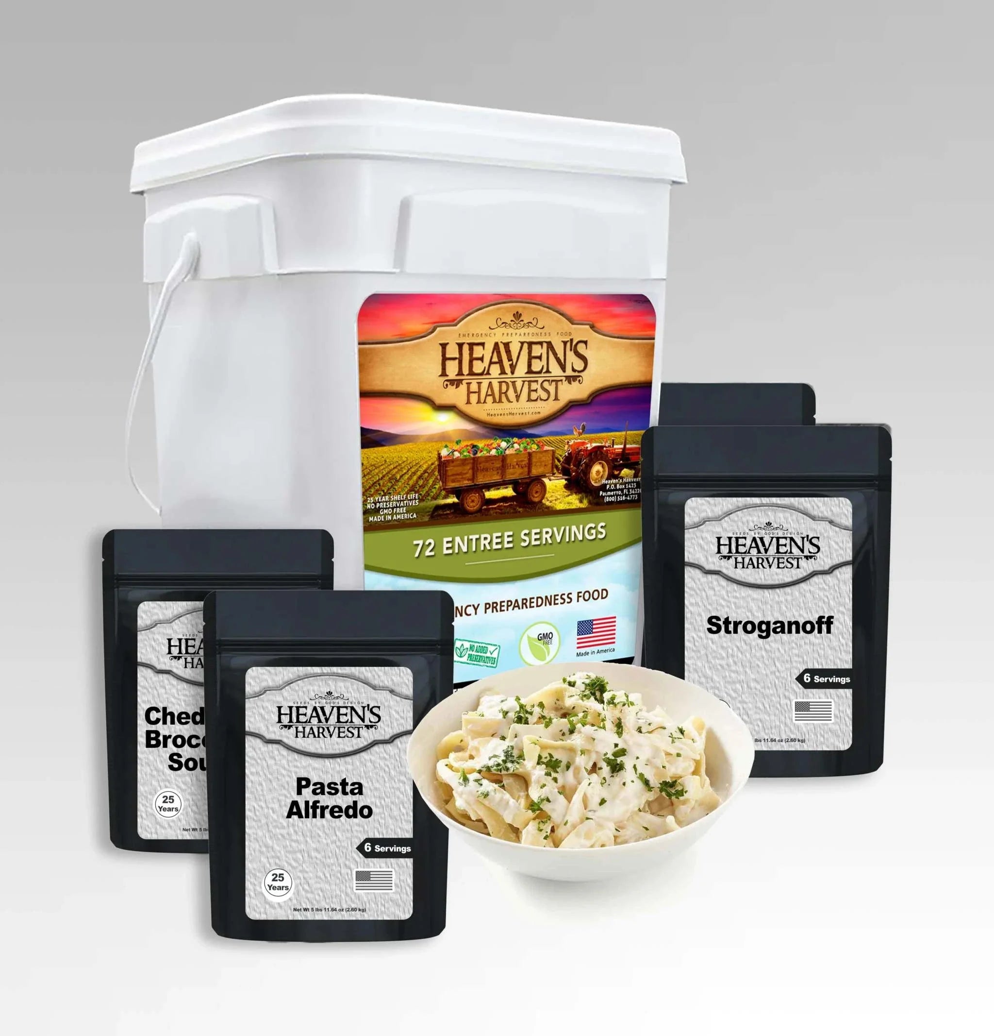 72 serving survival entree kit bucket with variety of freeze-dried meals for emergency food storage