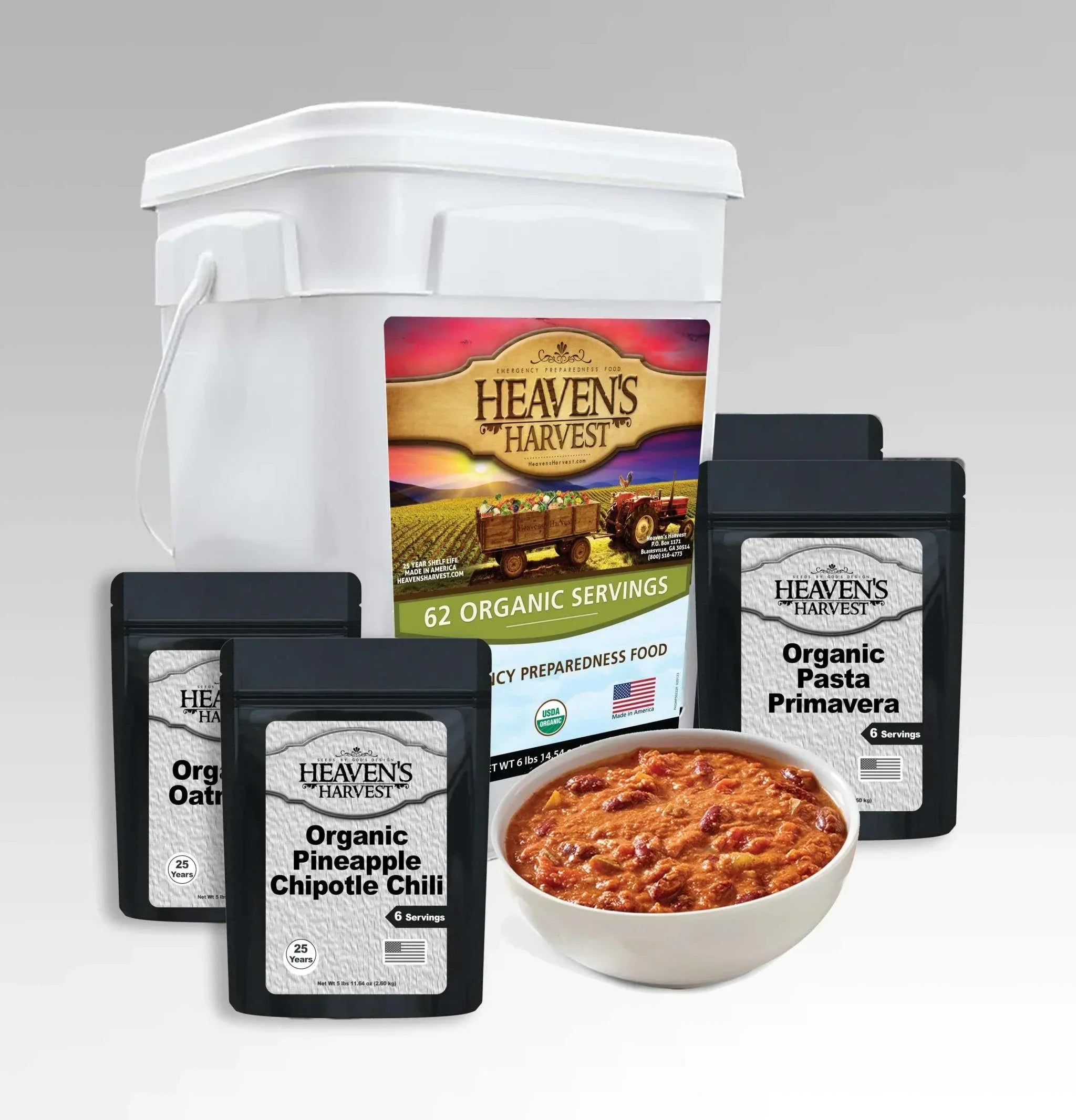 62 serving organic freeze-dried emergency food kit with variety of meals in stackable bucket