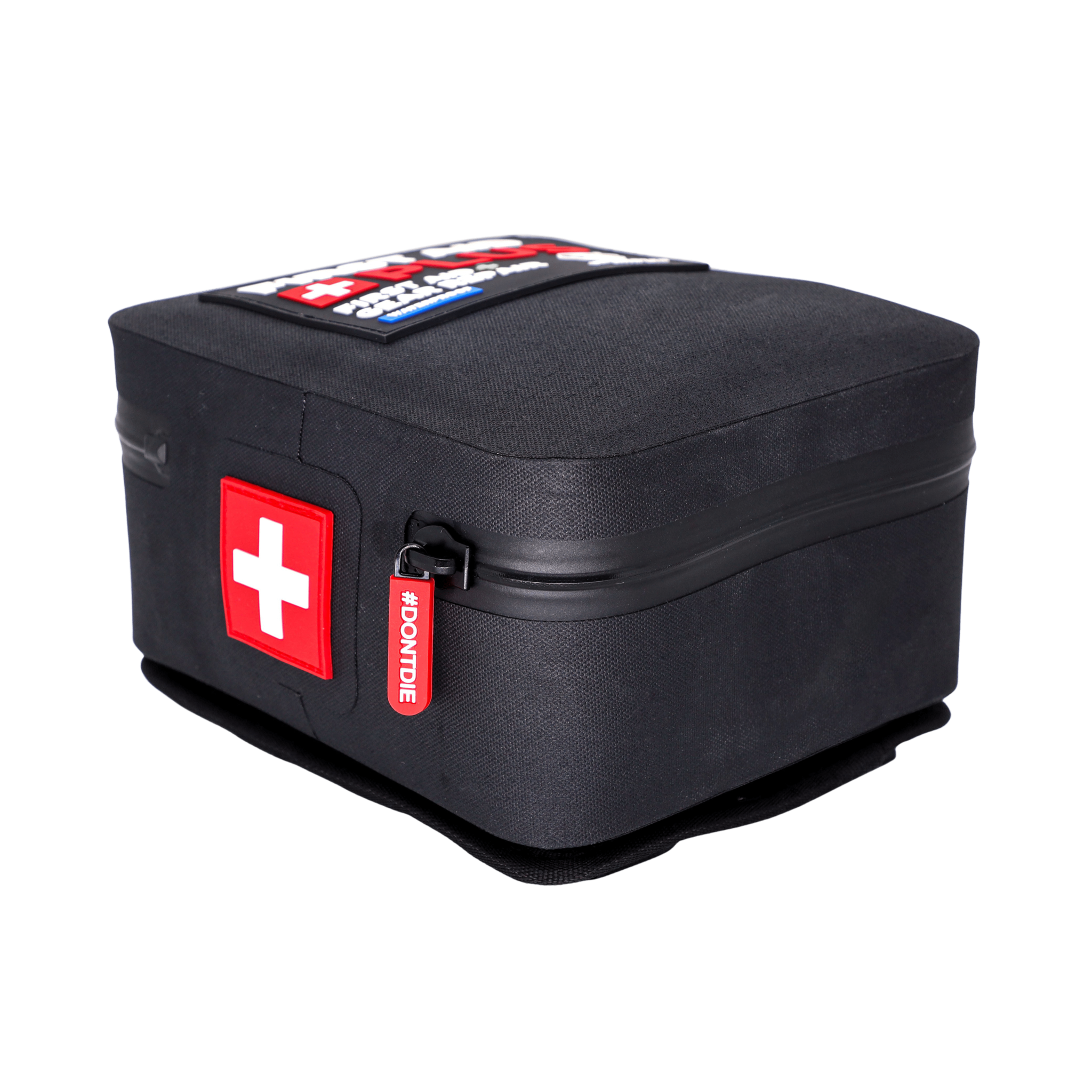 First Aid Plus waterproof emergency kit with medical supplies and rugged gear repair tools in a durable 600D tarpaulin pouch with Velcro tear-away MOLLE backer