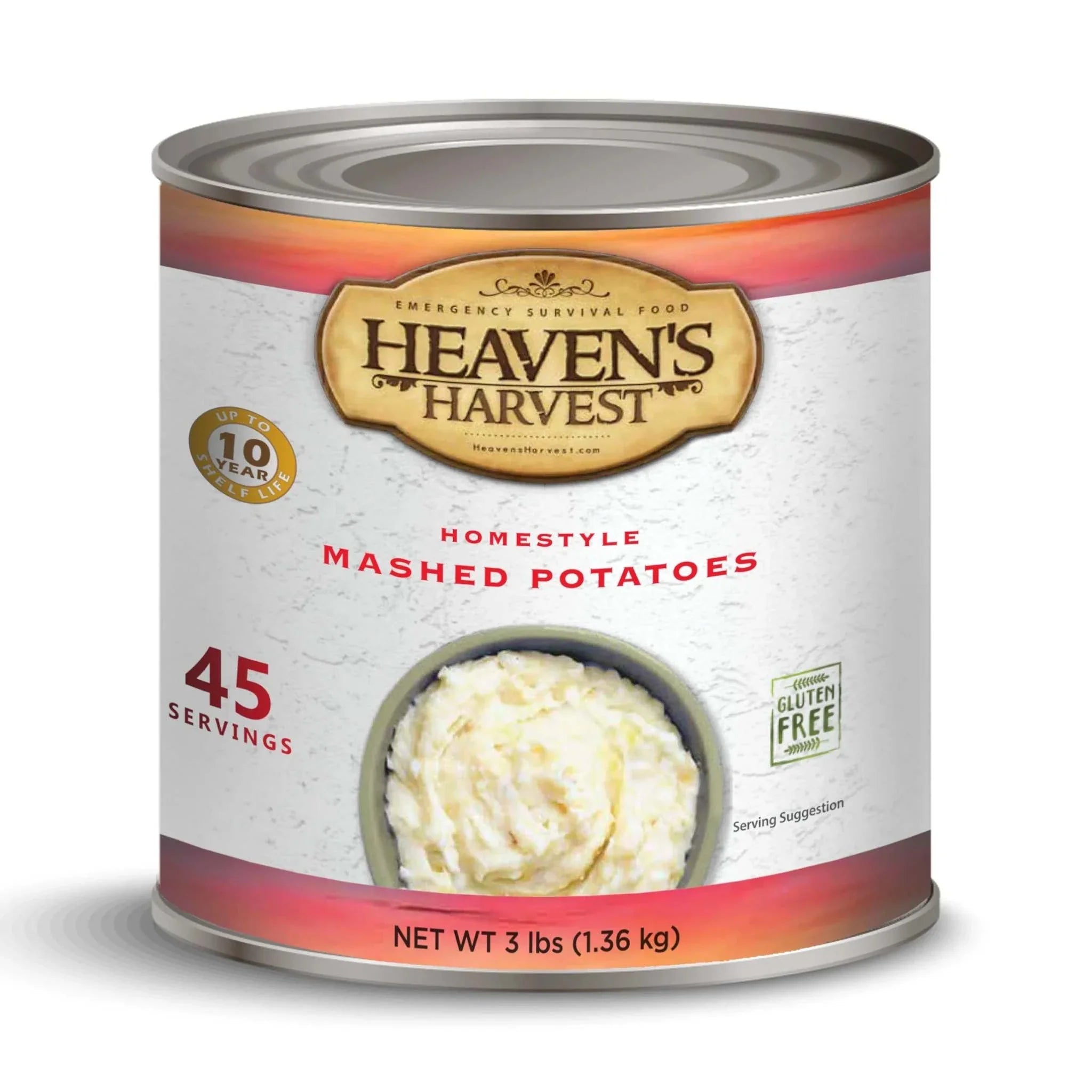 Freeze-dried mashed potatoes in a #10 can with 45 servings, gluten-free and ready to eat or rehydrate.