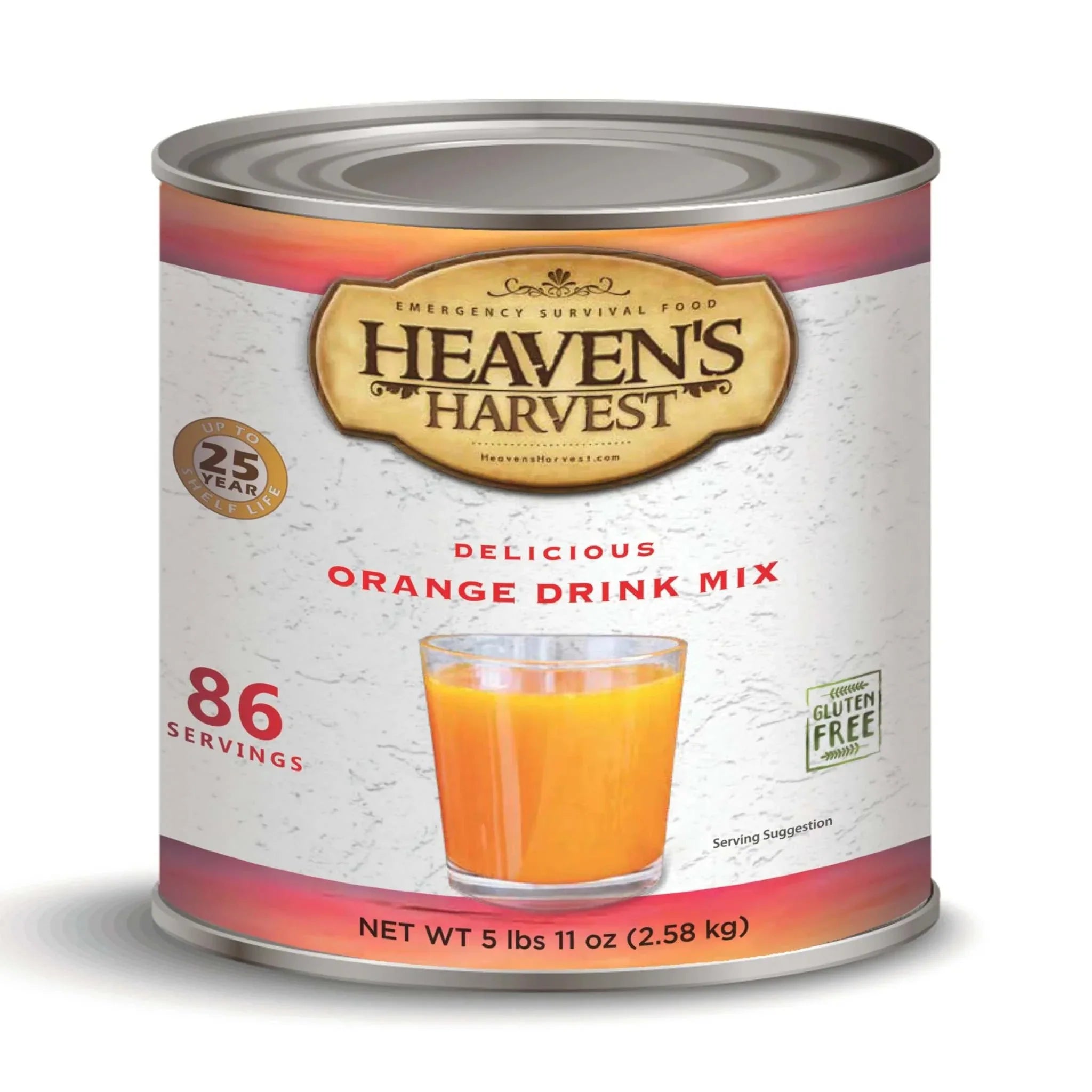 Freeze-dried orange drink mix in a #10 can with 86 servings ready to add water