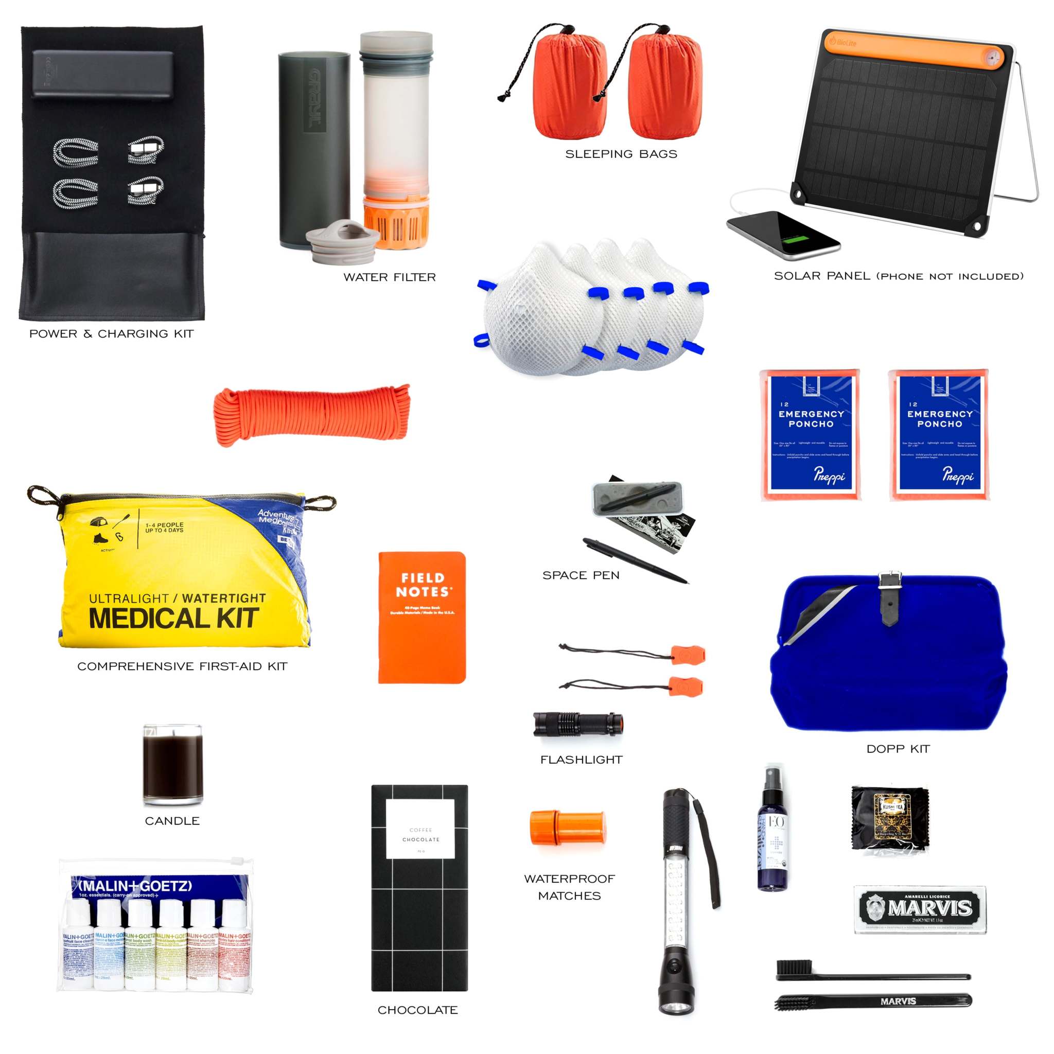 Preppi Fireproof Emergency Bag with aluminum canvas and leather, packed with survival gear and luxury comforts for two