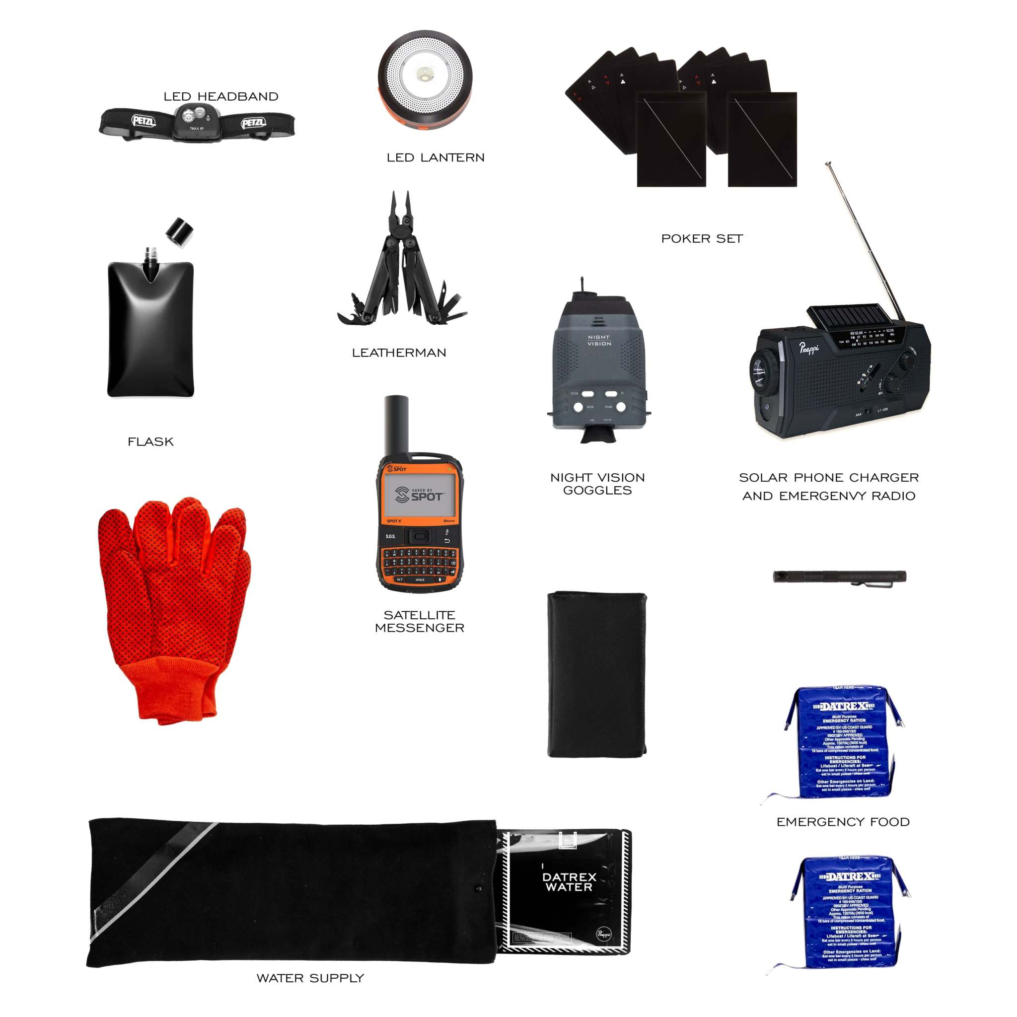 Fireproof emergency bag made with aluminum canvas and leather containing essential survival supplies and tech gear