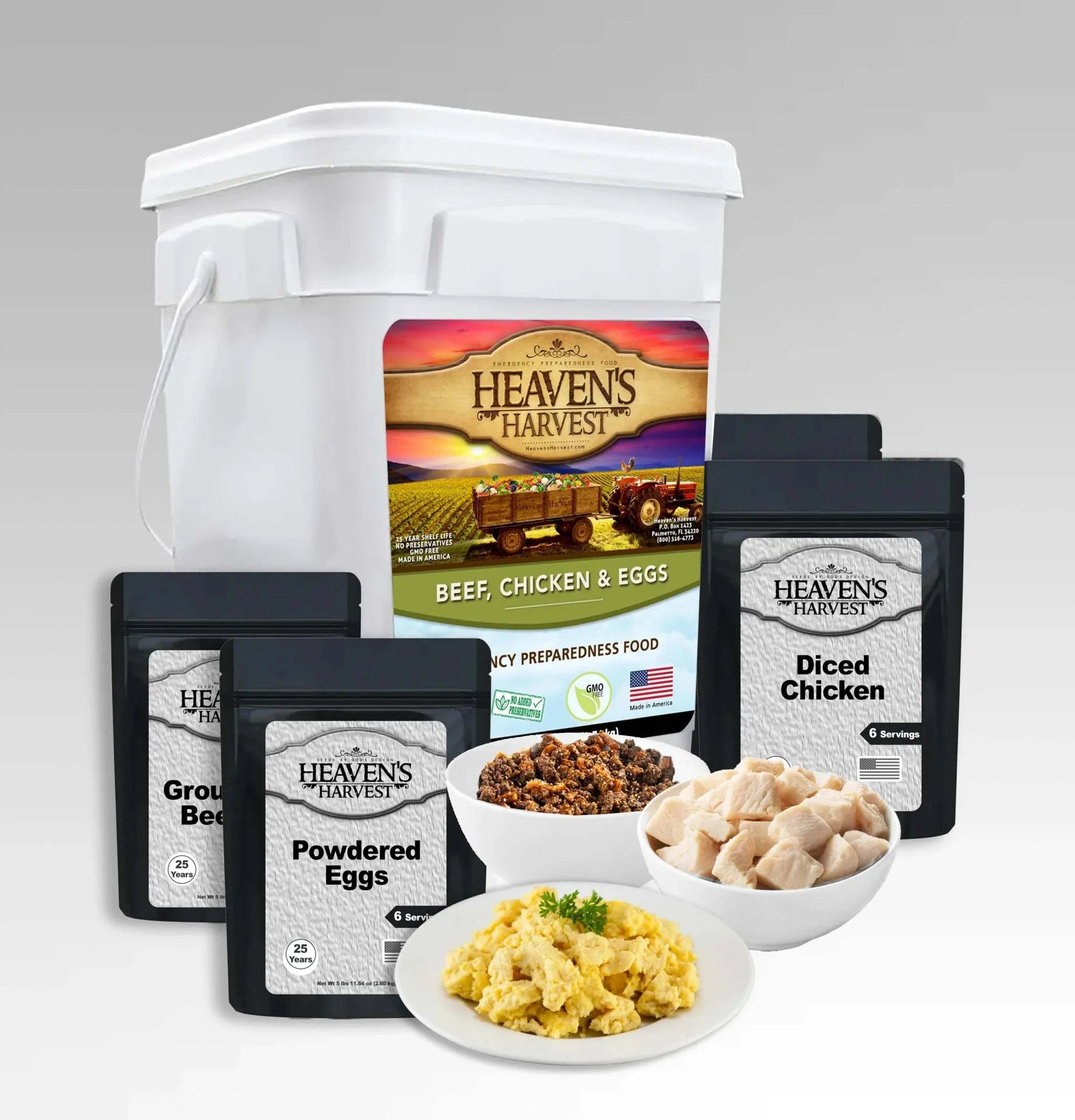132 serving Protein Booster Kit with freeze-dried beef, chicken, and powdered eggs in a sealed bucket