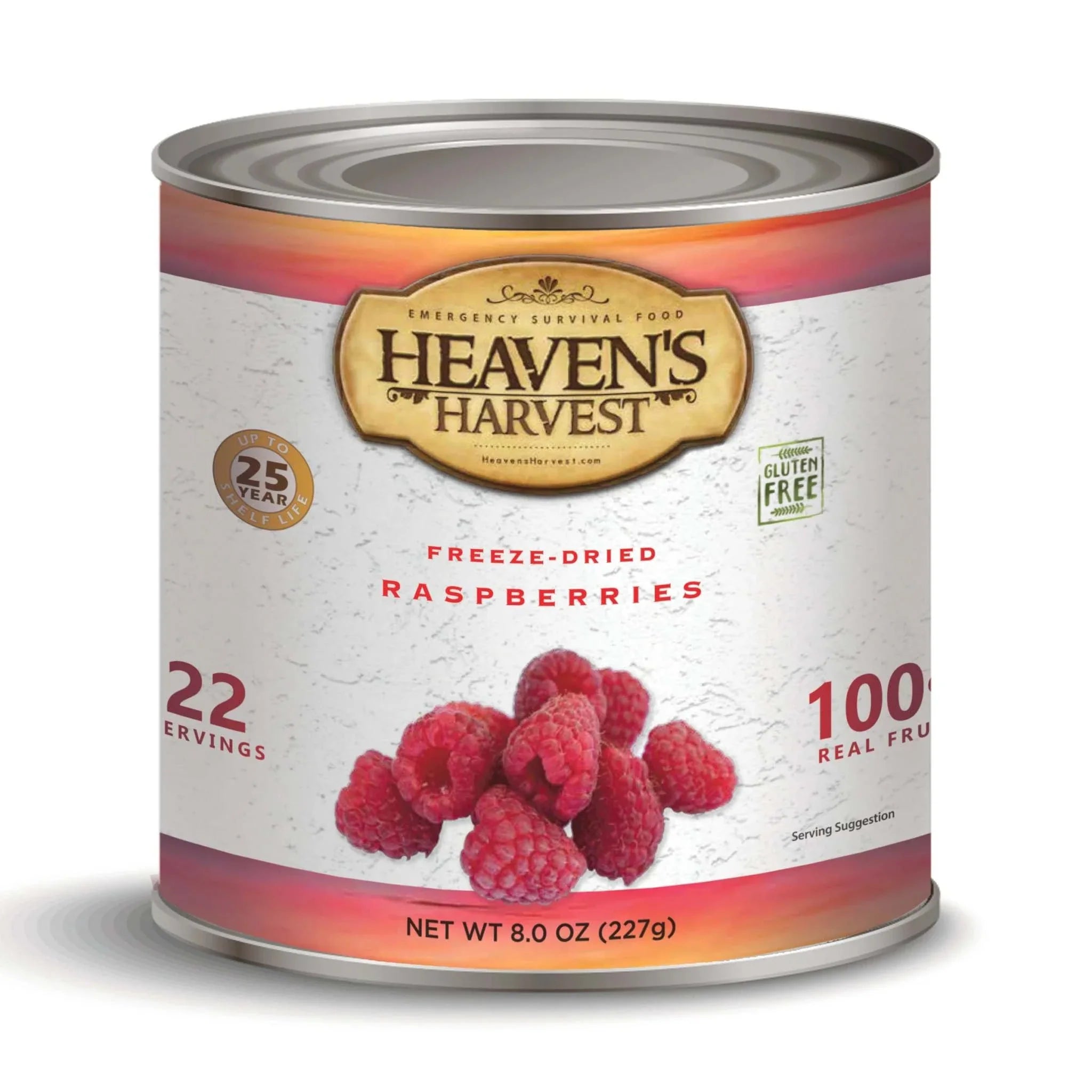 Freeze-dried raspberries in a #10 can, gluten-free with 25-year shelf life and no added sugar
