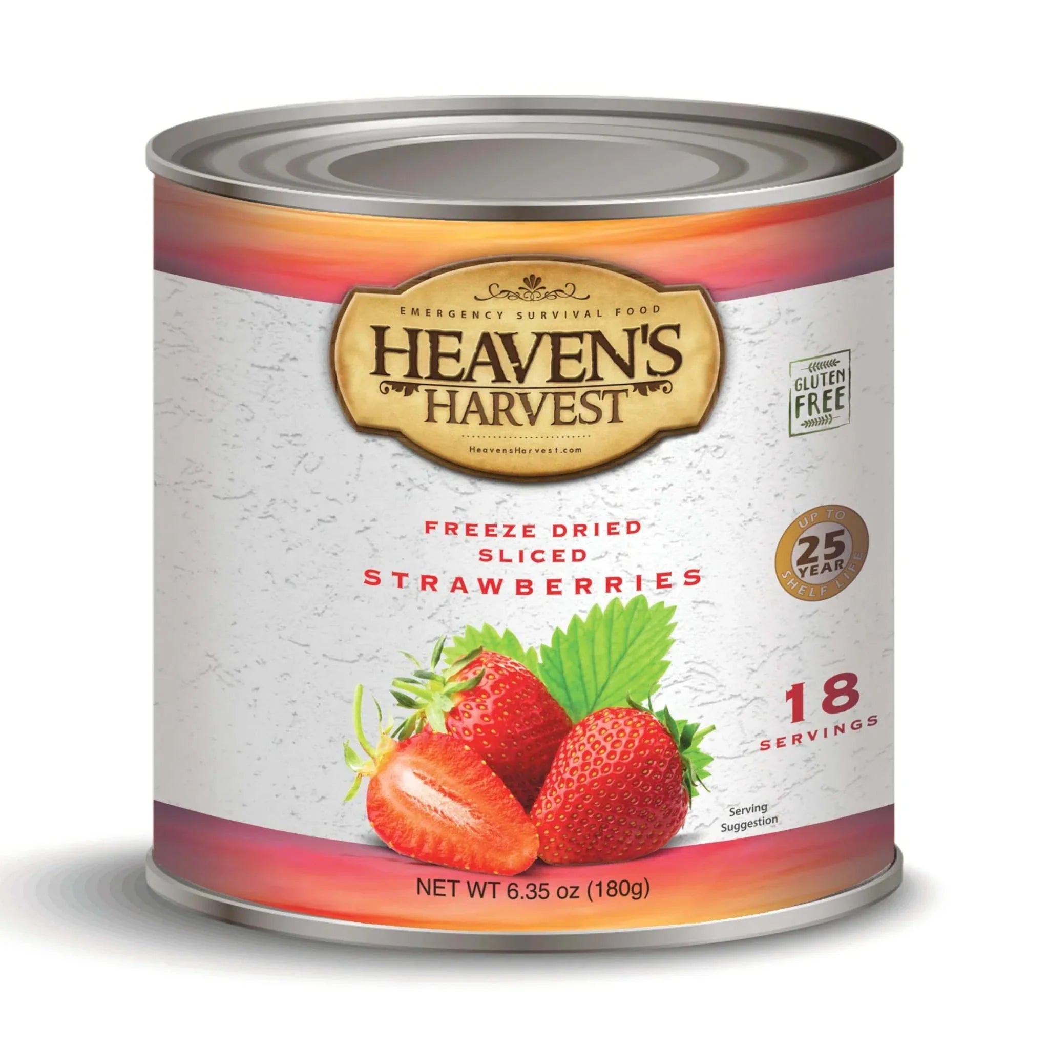 Can of freeze-dried strawberries with label showing 18 servings and preparation instructions