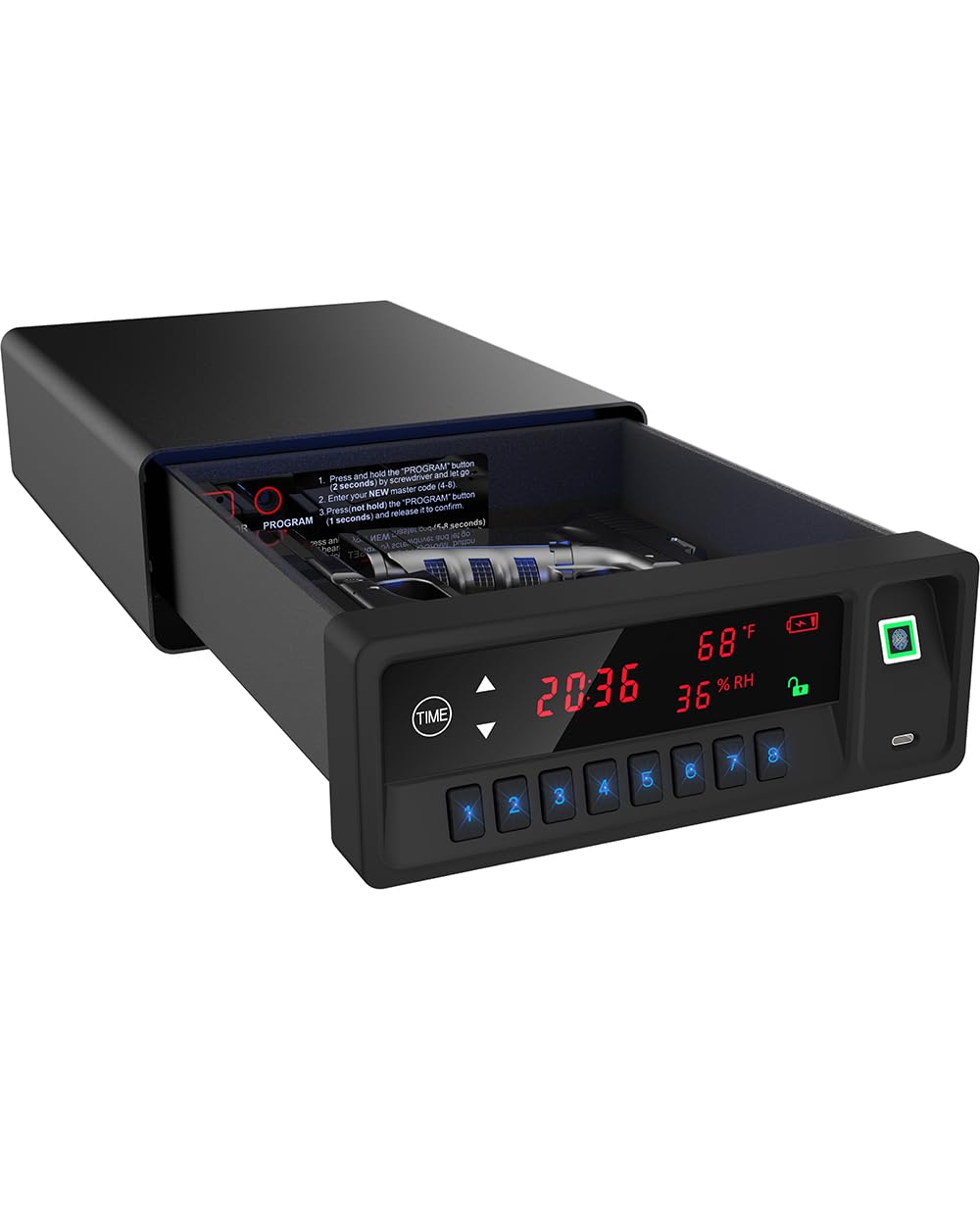 QINGENO Biometric Gun SafeClock Smart Safe Display with TempHumidityLow Battery WarningDrawer Gun Safe for Handgun - Nightstand Handgun Safe Pistol Safe (Black)