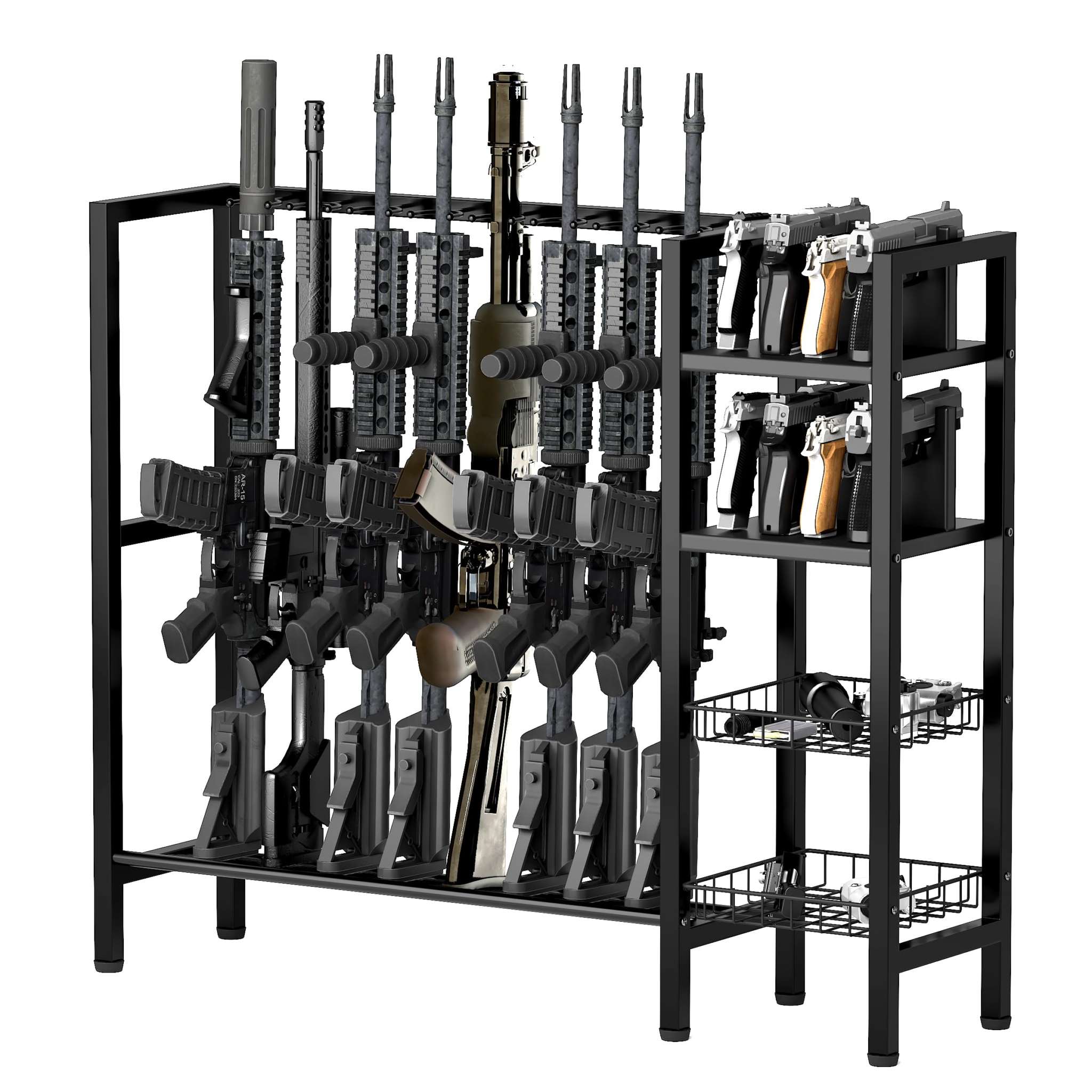 Sinkhanun Floor Gun Rack Stand holding rifles and handguns with metal shelves for firearm storage and display