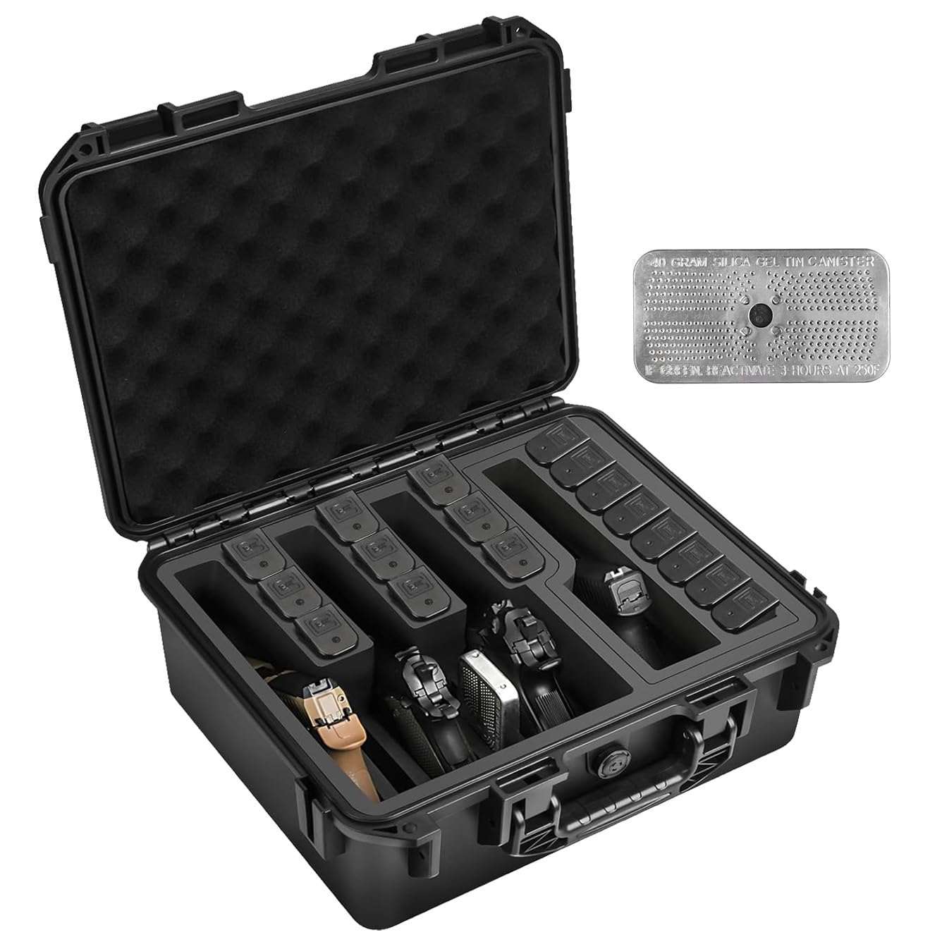 LOTOCASE Handgun Case holding 4 pistols and 17 magazines with heavy-duty waterproof shockproof hard shell and silica gel canister